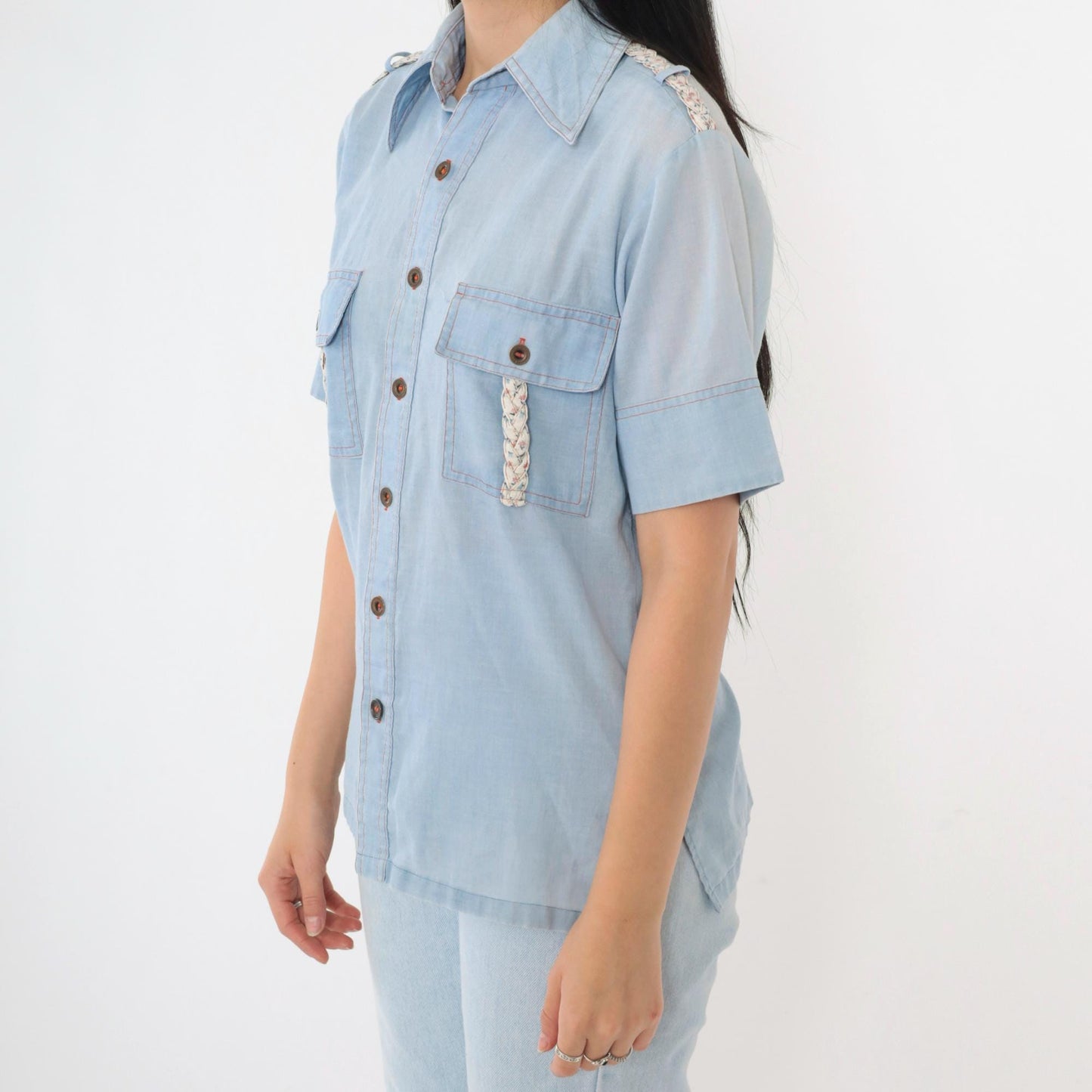 70s Alfie California Chambray Shirt Blue Epaulette Button Up Small