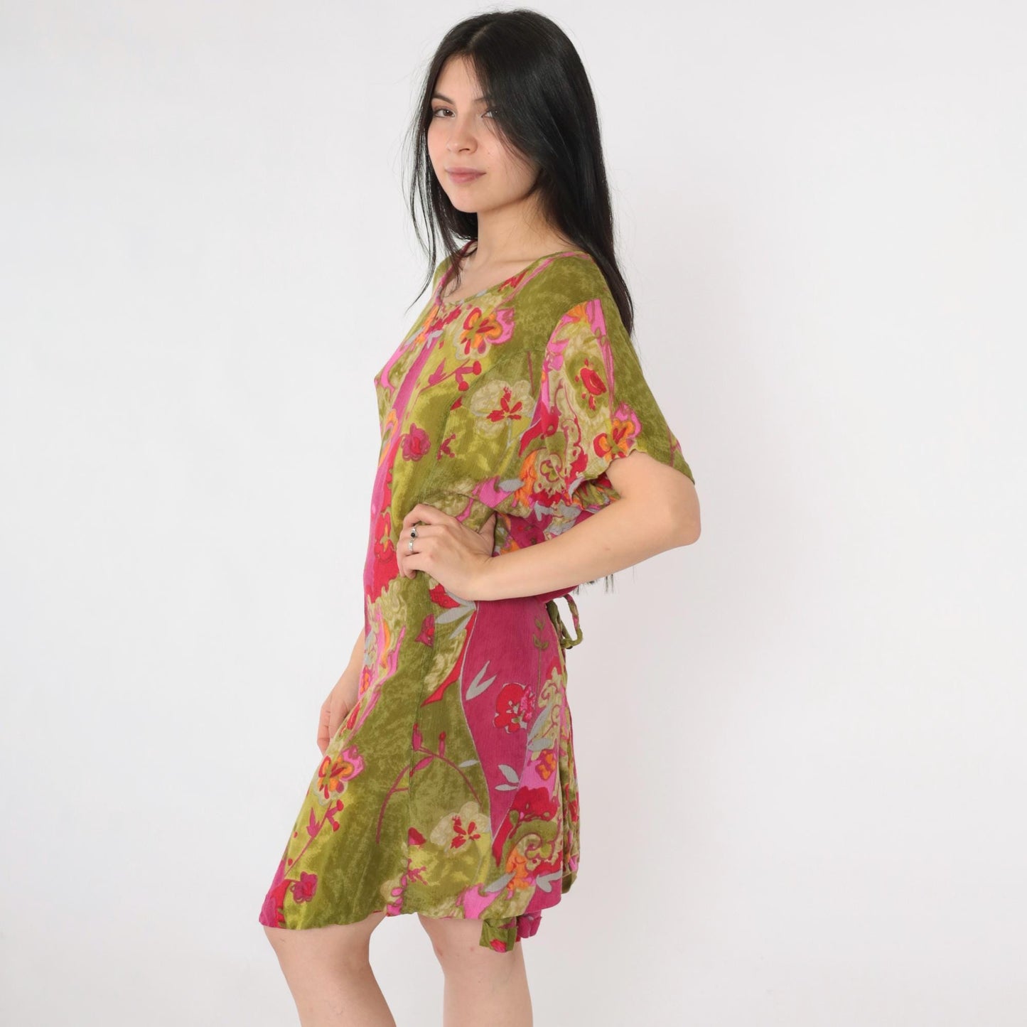 90s Lolette Floral Mini Dress Olive Fuchsia Shift Tie Back Extra Large XXL