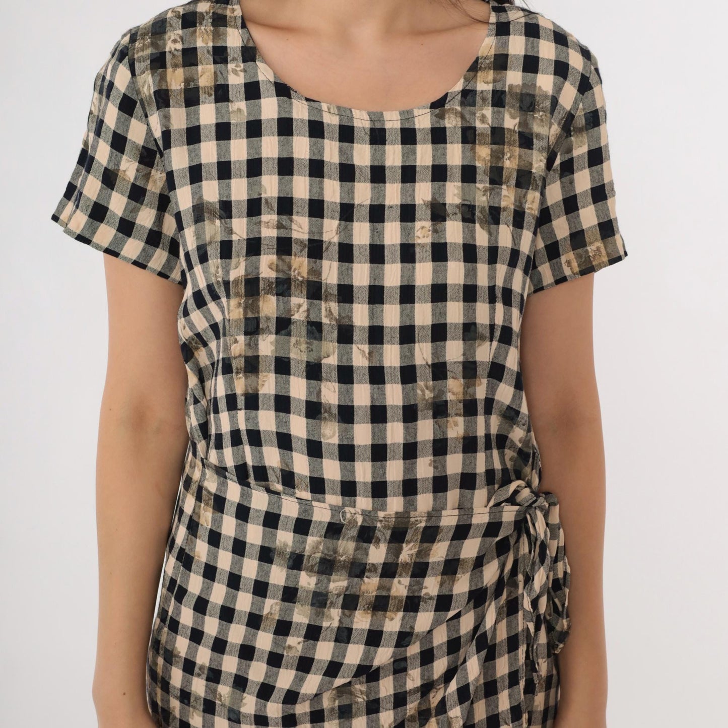 90s Black Beige Checkered Floral Mini Dress Wrap Panel Short Sleeve Small S