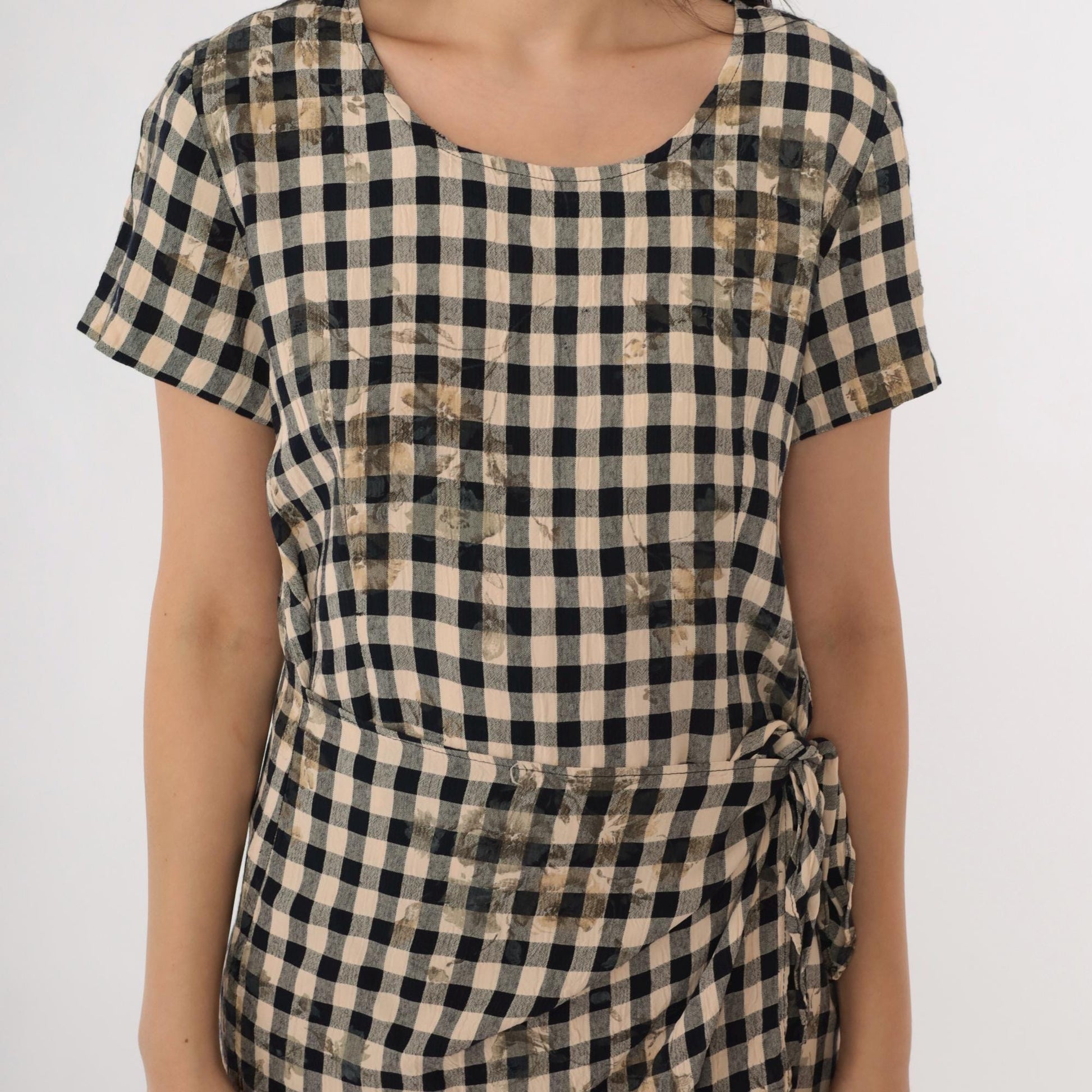 90s Black Beige Checkered Floral Mini Dress Wrap Panel Short Sleeve Small S