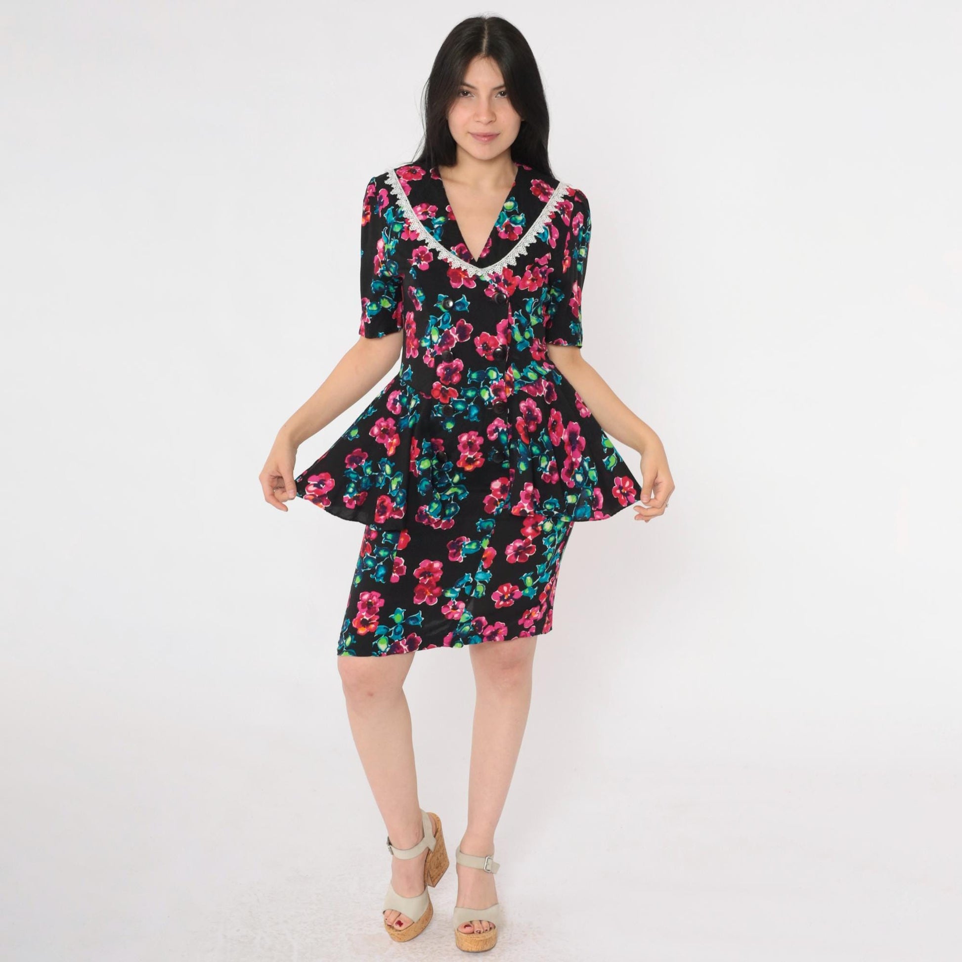 80s Milarzo Floral Peplum Mini Dress Black Double Breasted Puff Sleeve Small