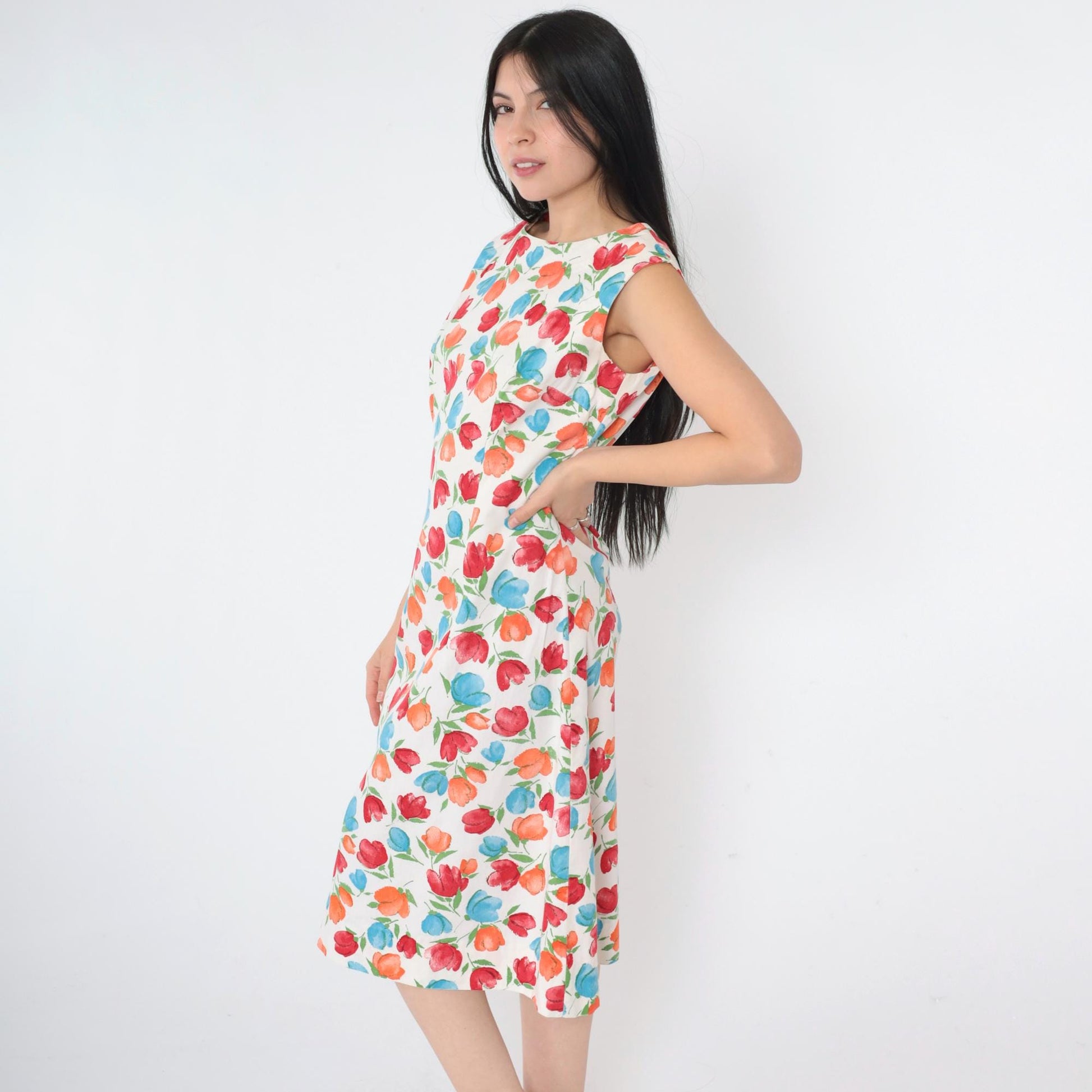 80s White Floral A-Line Dress Sleeveless Knee-Length Shift Small Medium