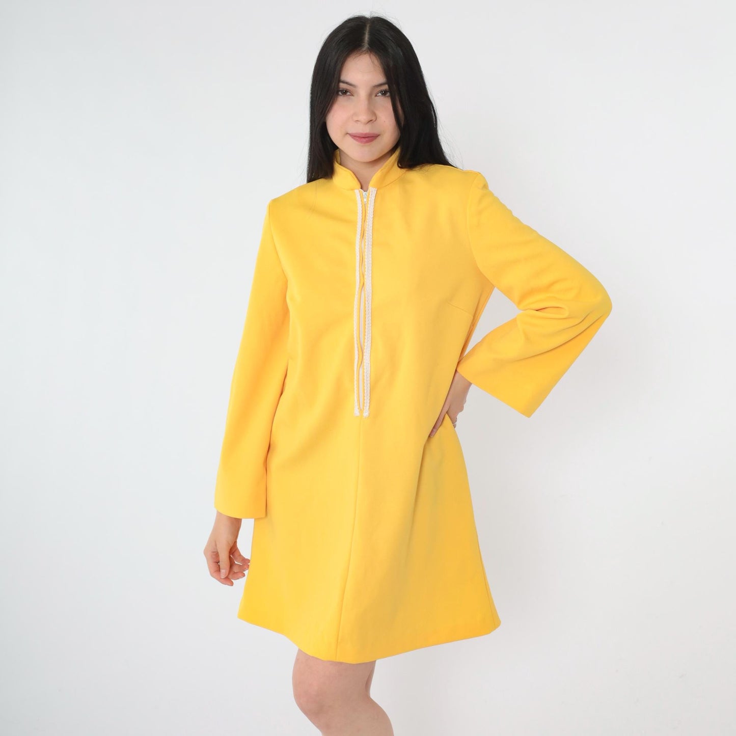 70s Yellow Mod Shift Dress Front Zip Wide Sleeve Mandarin Collar Mini Small
