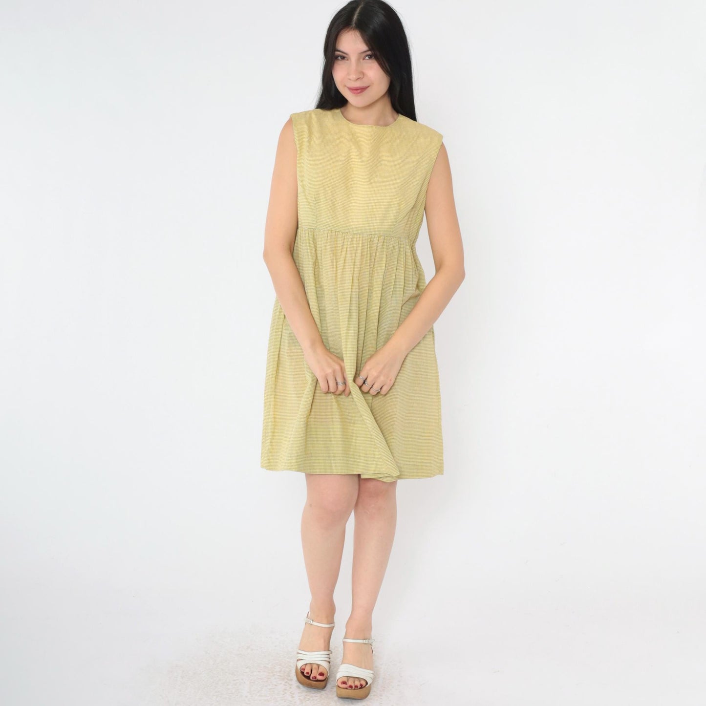 1960s Yellow Gingham Empire Waist Mini Dress Sleeveless Small Medium