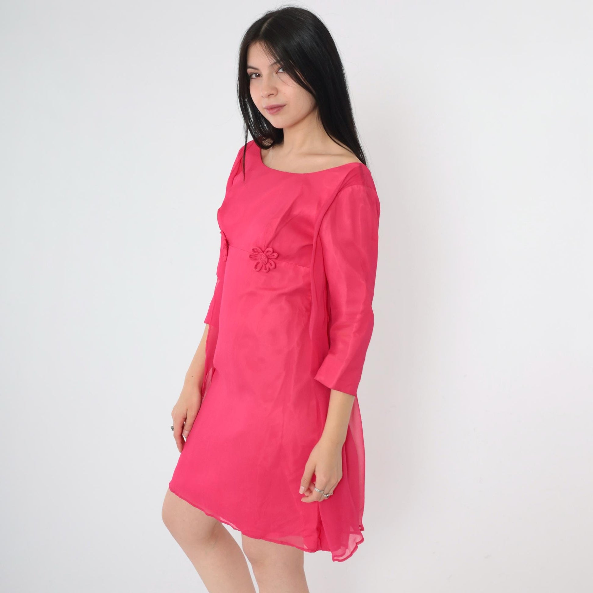 60s Pink Chiffon Mini Dress Empire Waist Floral Applique Long Sleeve Extra Small