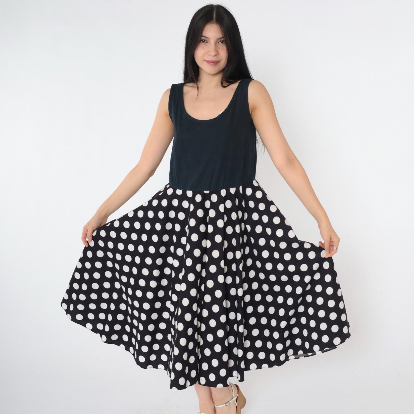 80s Black Polka Dot Midi Dress Sleeveless High Waist Scoop Neck Small