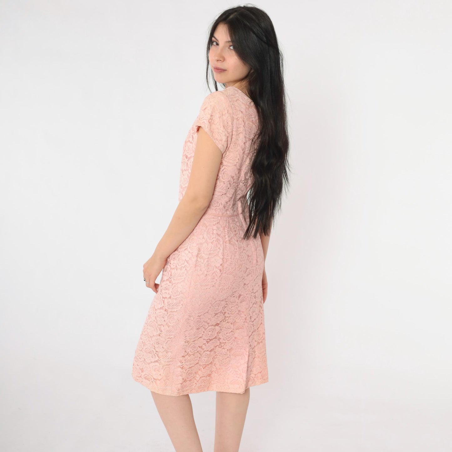 1960s Pink Lace Cocktail Dress V Neck High Waist Knee Length Small