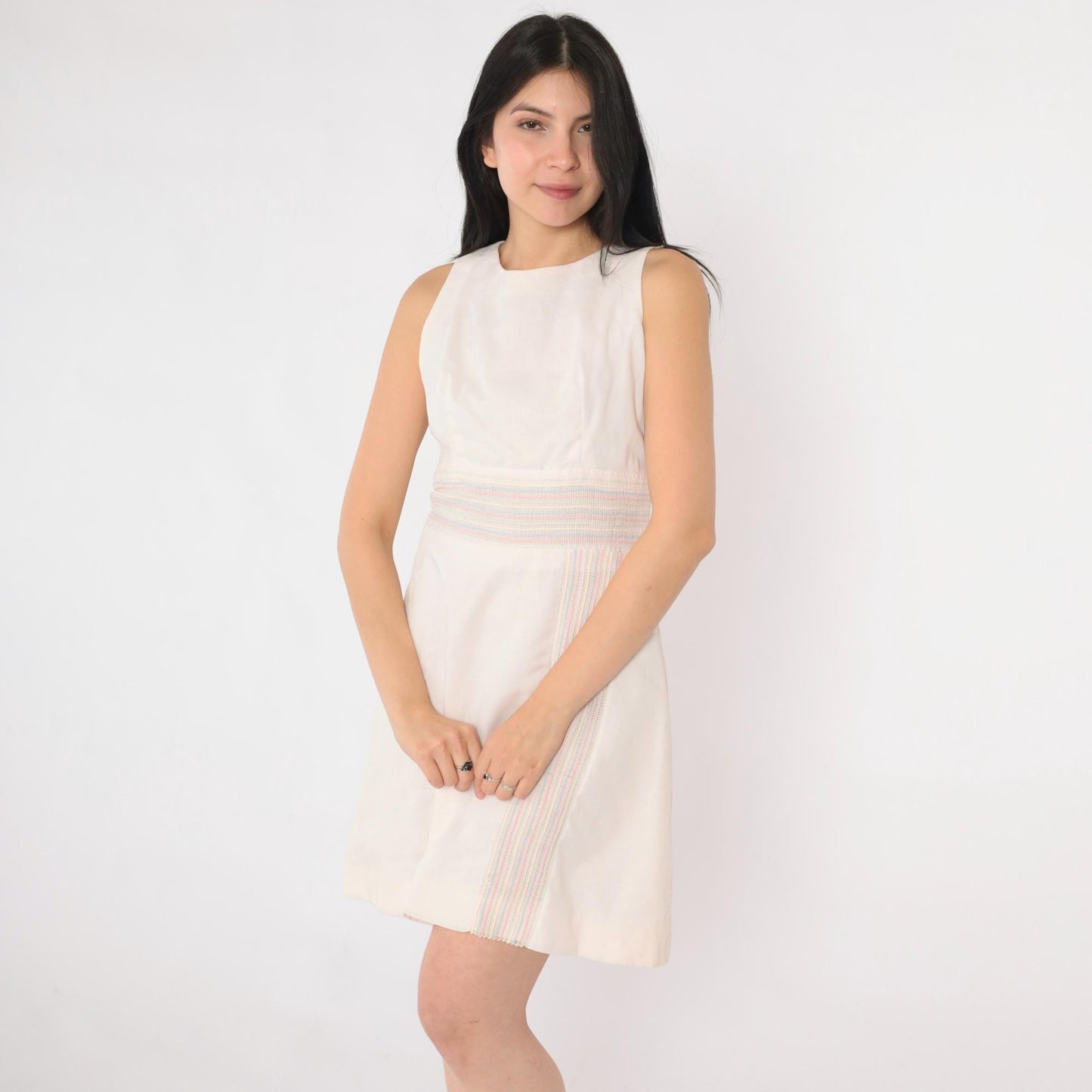60s Mod Striped Mini Dress White Pastel High Waist Sleeveless A-Line Extra Small