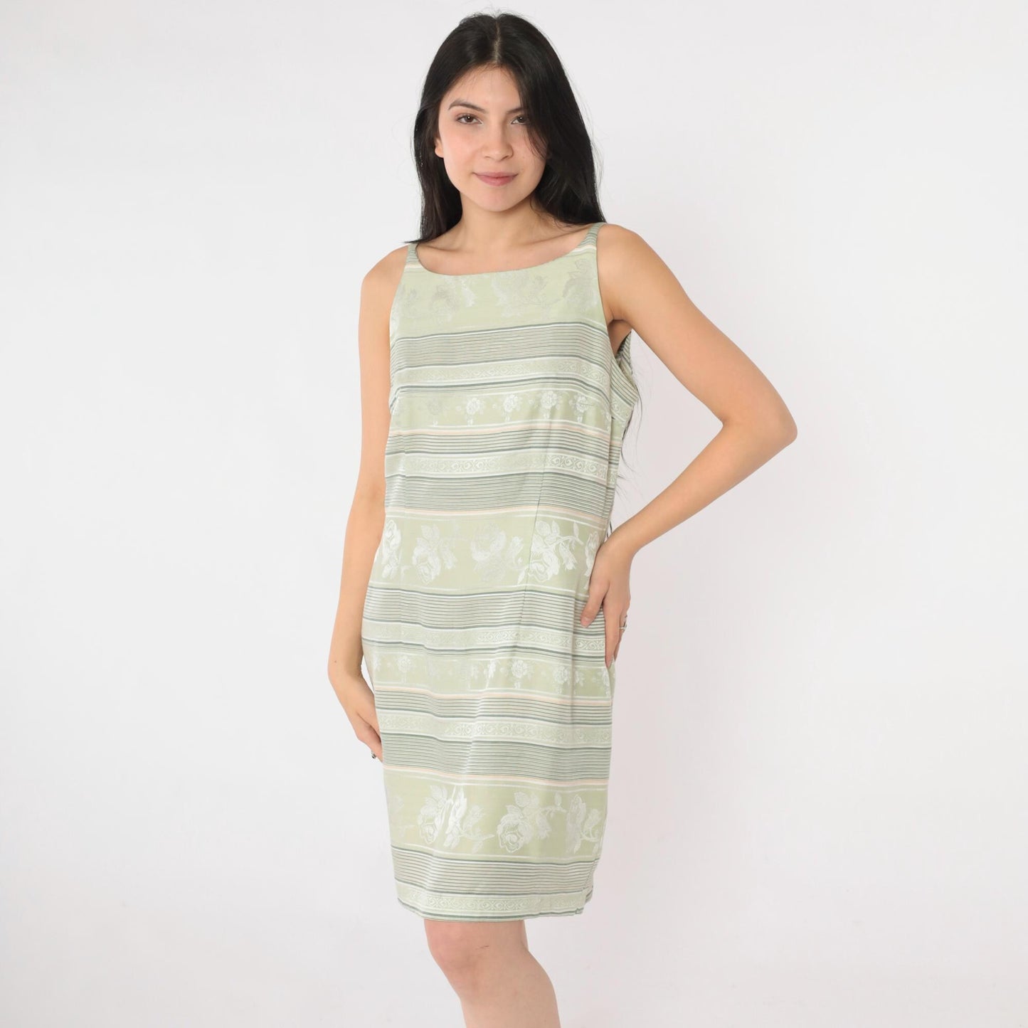 Y2K Fashion Bug Jacquard Mini Dress Light Green Floral Striped Sheath Medium