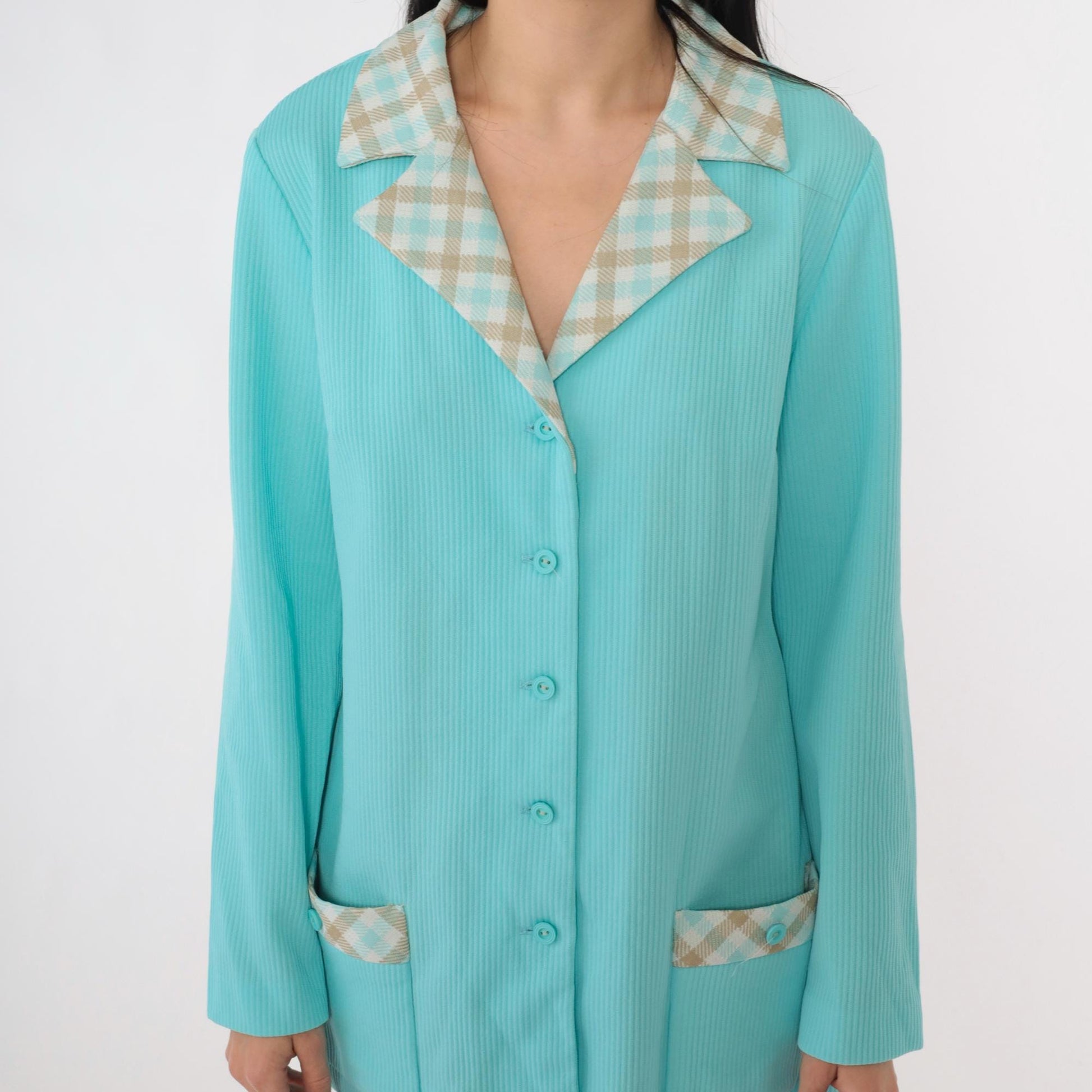 70s Aqua Blue Checkered Collar Blazer Button-Up Jacket Medium