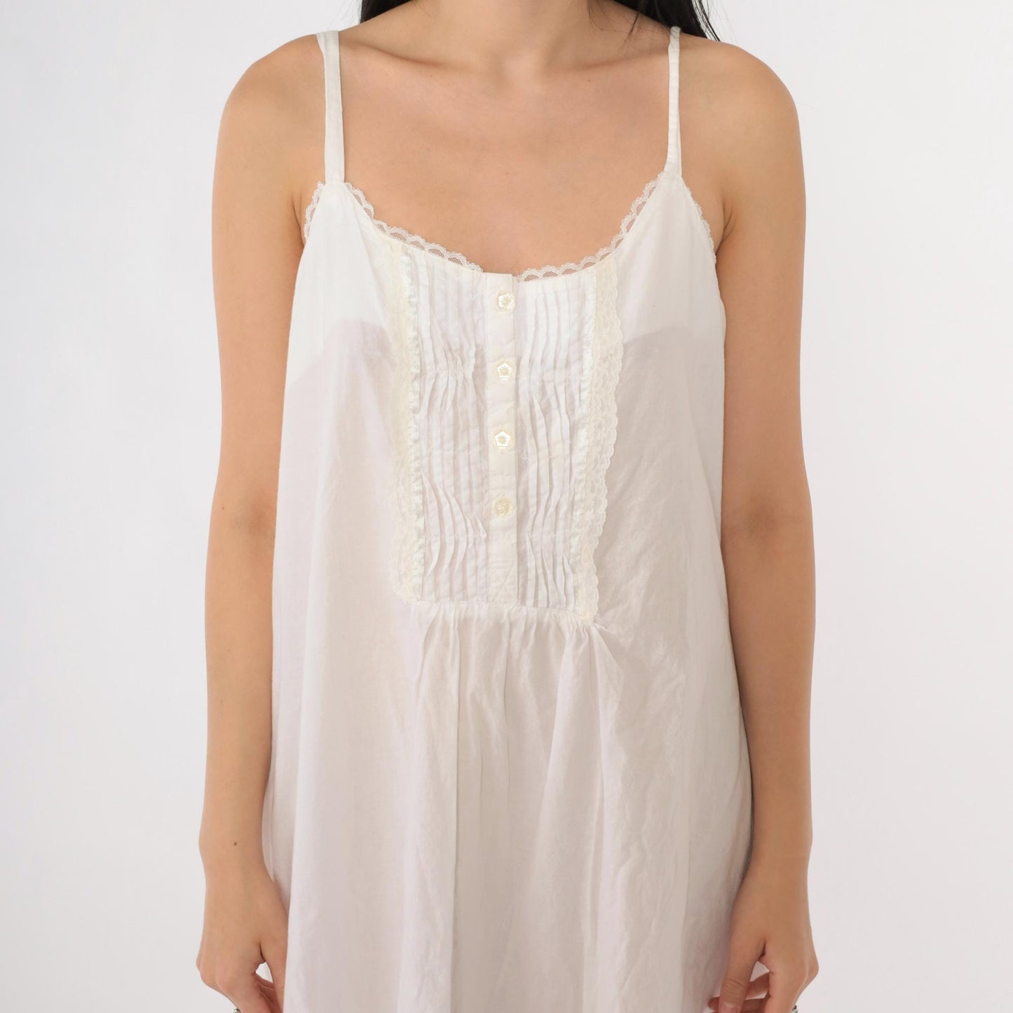 90s Laura Ashley White Cotton Nightgown Pintuck Lace Spaghetti Strap Large