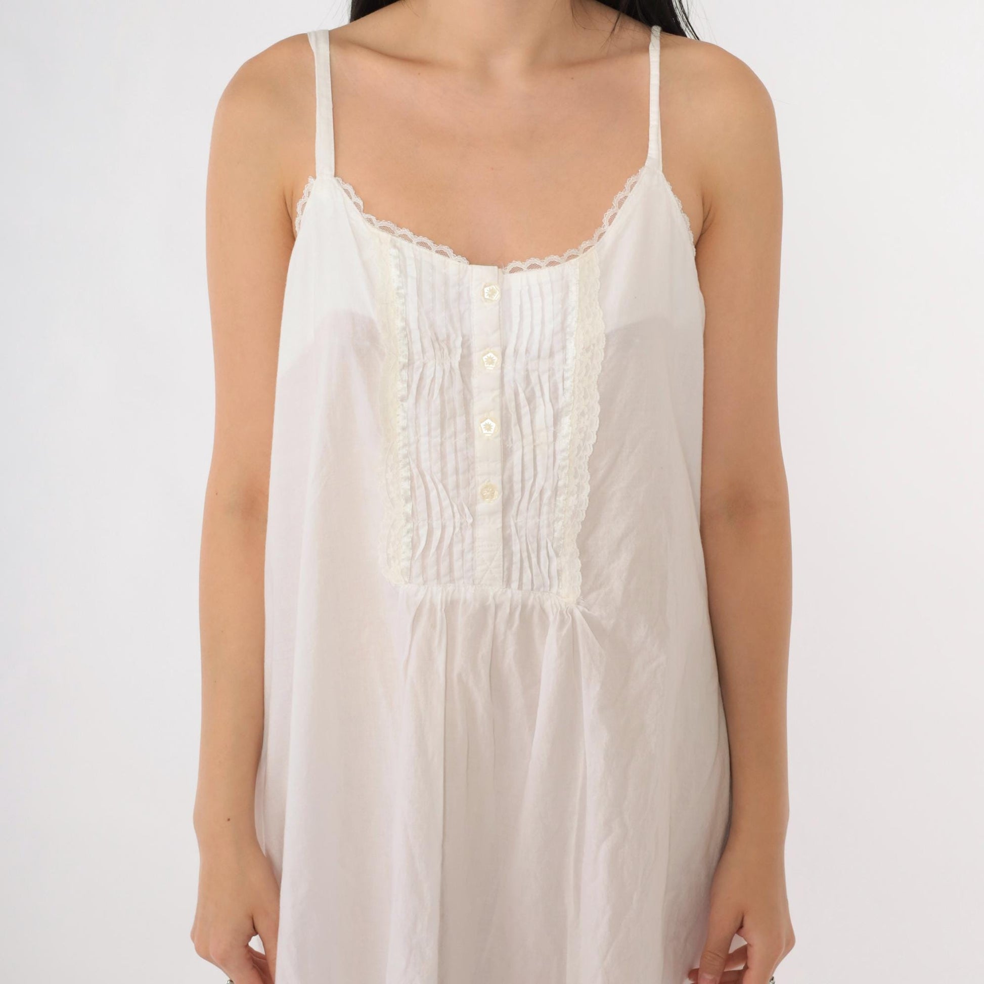 90s Laura Ashley White Cotton Nightgown Pintuck Lace Spaghetti Strap Large