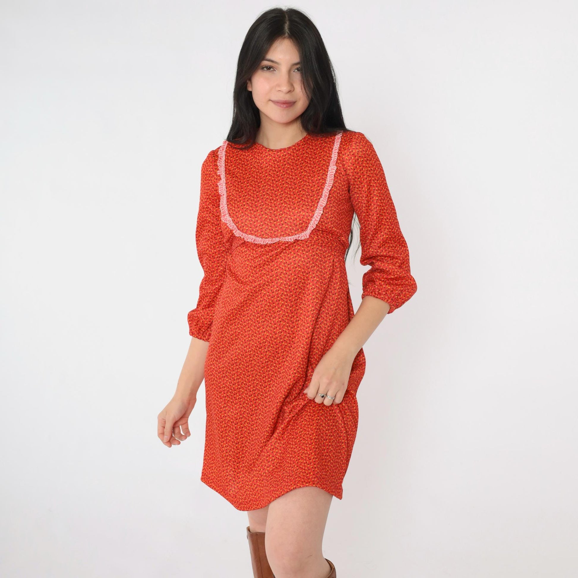 70s Red Calico Floral Empire Waist Mini Dress Lace Bib 3/4 Sleeve Extra Small
