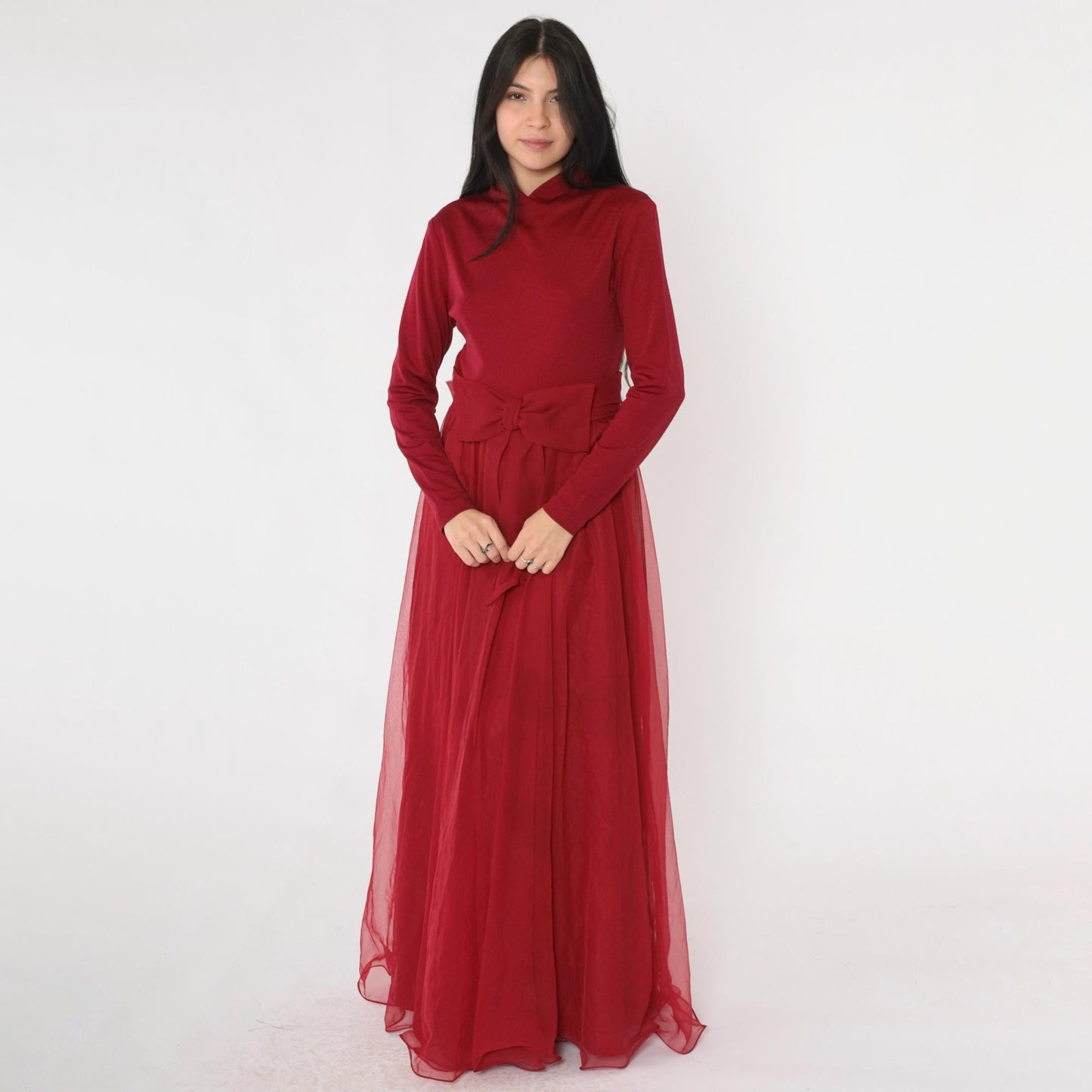 70s Burgundy Chiffon Maxi Dress Bow Waist Long Sleeve Small