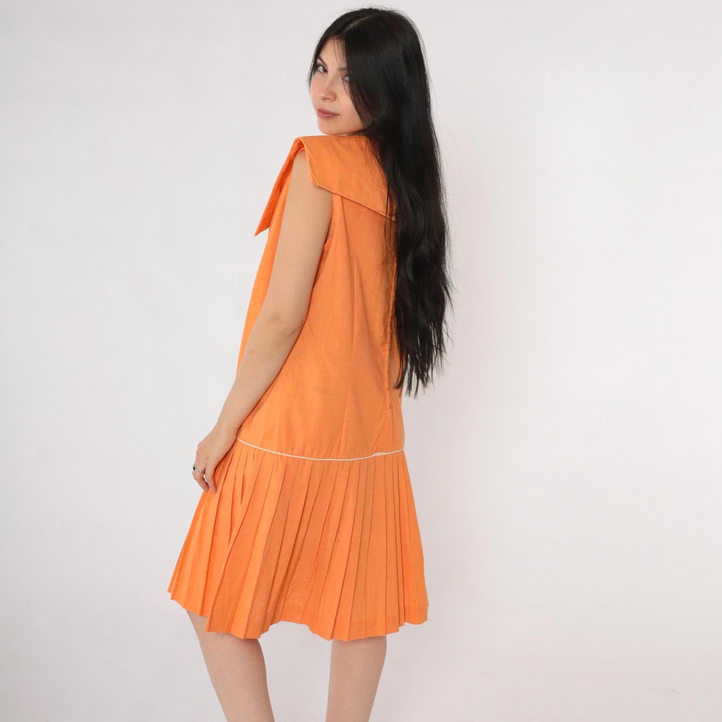 60s Mod Scooter Dress Orange Sailor Collar Drop Waist Pleated Knee Small