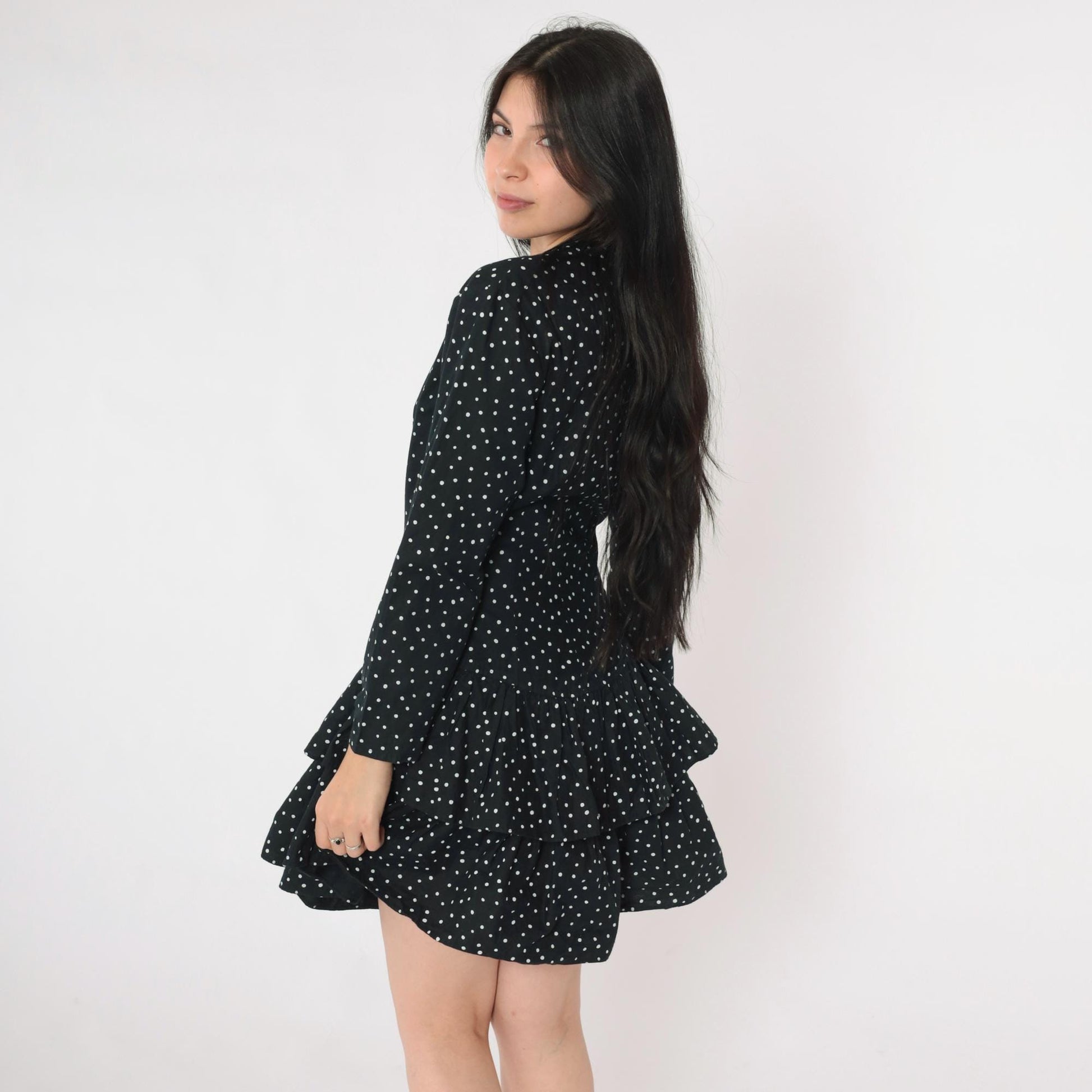 80s Black Polka Dot Mini Dress Button-Up Long Sleeve Tiered Ruffle Small