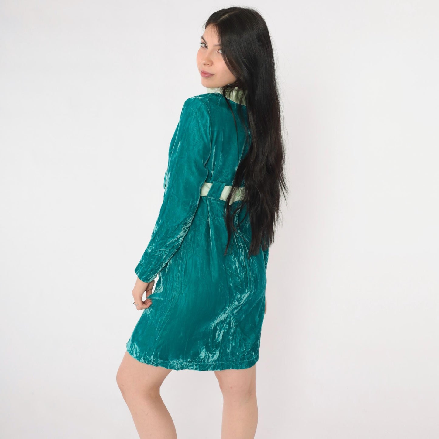 60s Teal Velvet Mini Dress Long Sleeve Empire Waist Bow Small
