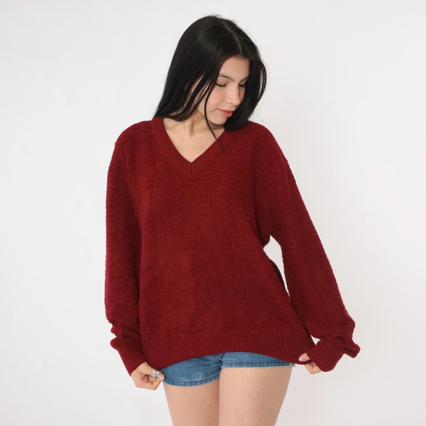 80s Jantzen Loop Knit Sweater Burgundy V-Neck Pullover Medium M
