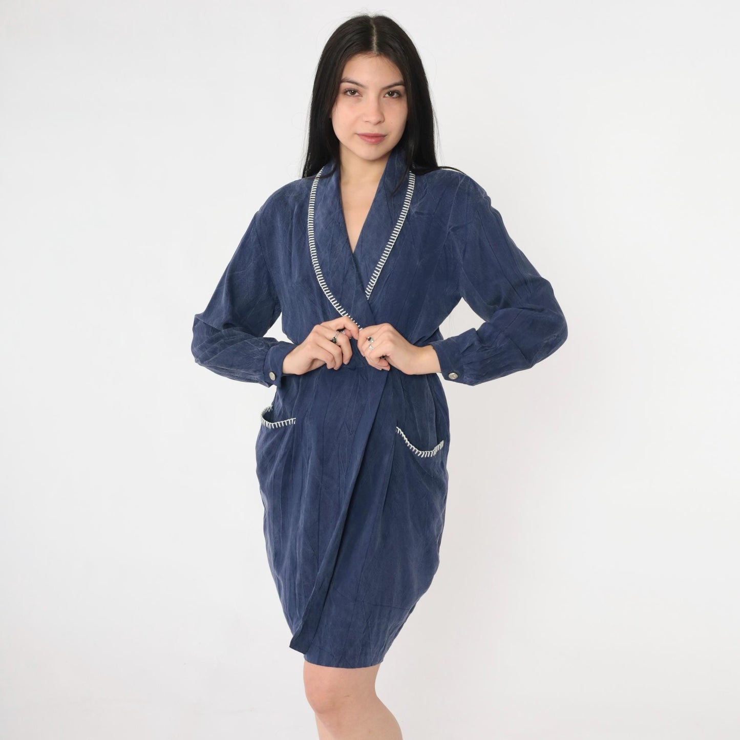 90s Petite Sophisticate Navy Faux Wrap Dress Rayon Shawl Collar Mini Small
