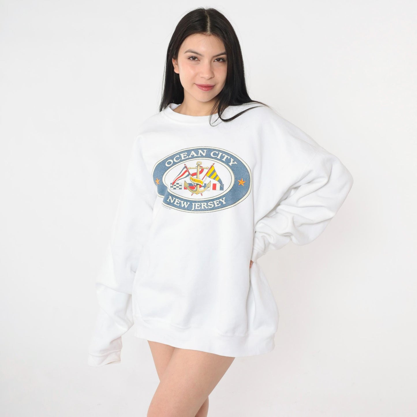 90s Ocean City New Jersey Nautical Anchor Graphic Sweatshirt White Crewneck XXL