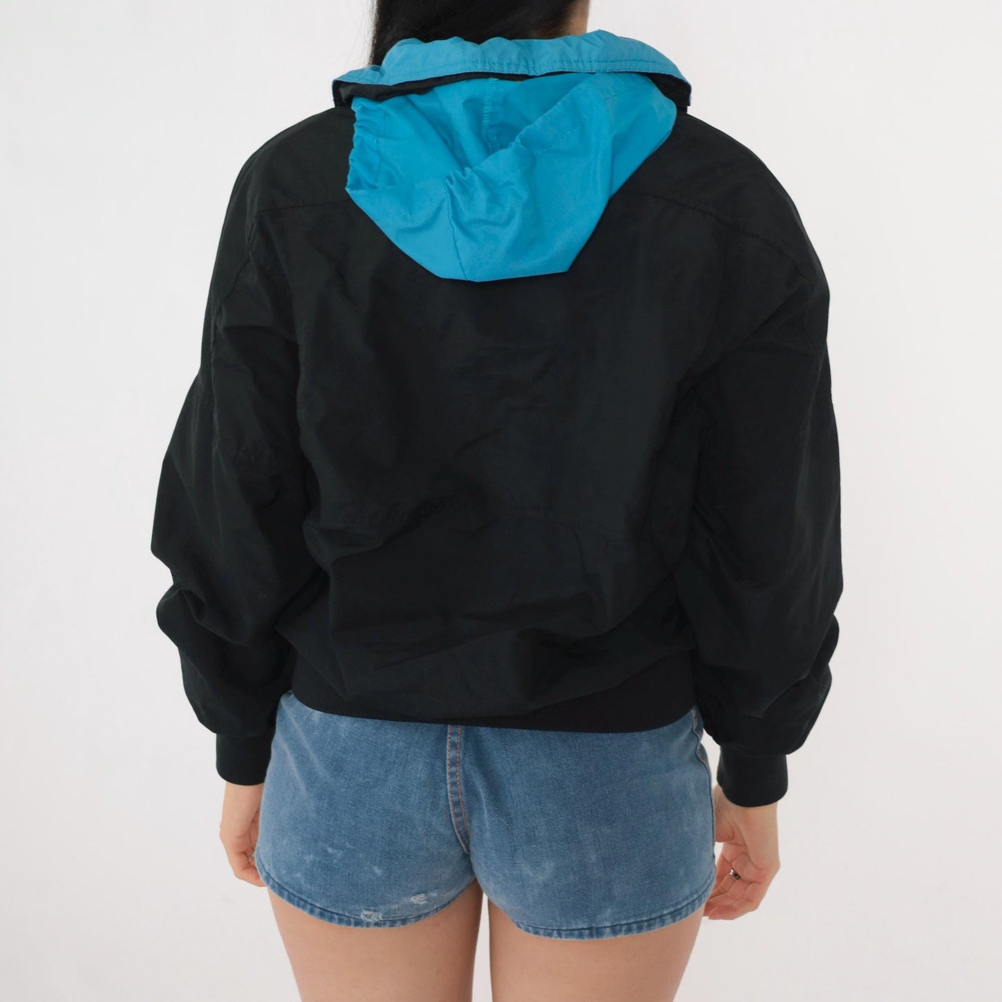 80s Pacific Trail Black Hooded Windbreaker Jacket Blue Trim Extra Small