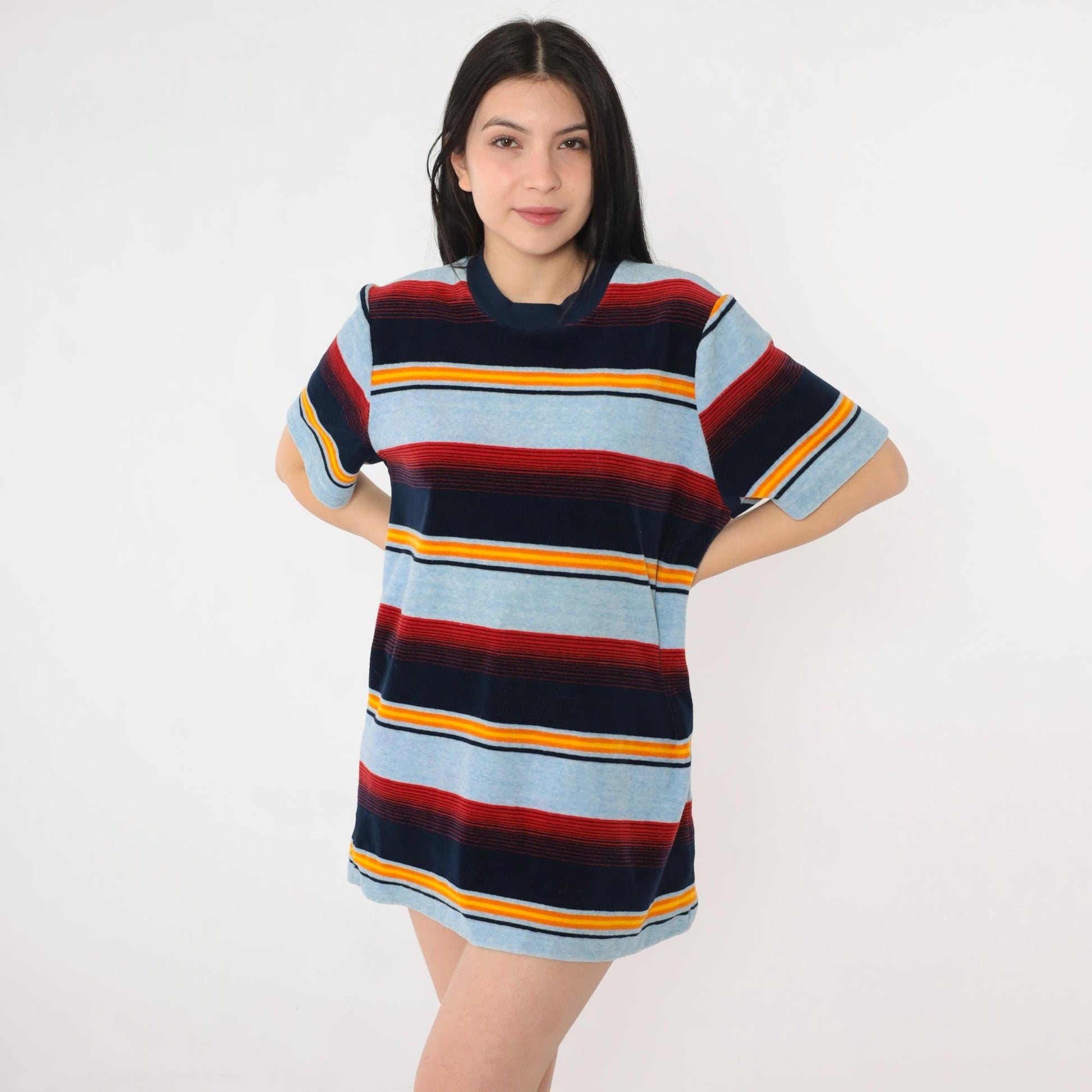 80s Baby Blue Velour Ringer Tee Multicolor Striped Crewneck Medium M