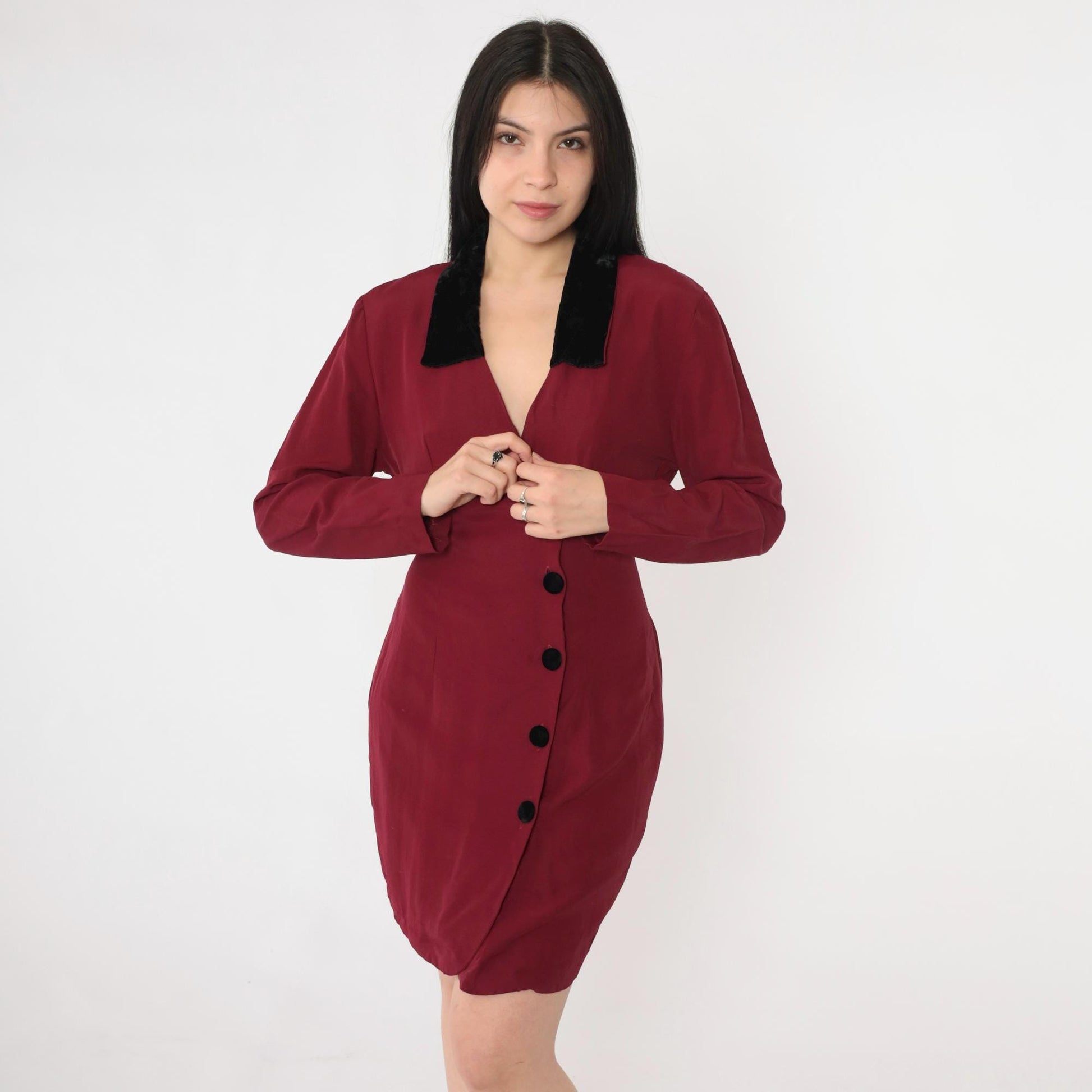 90s Burgundy Velvet Collar Mini Dress Button-Up Sheath Long Sleeve Small