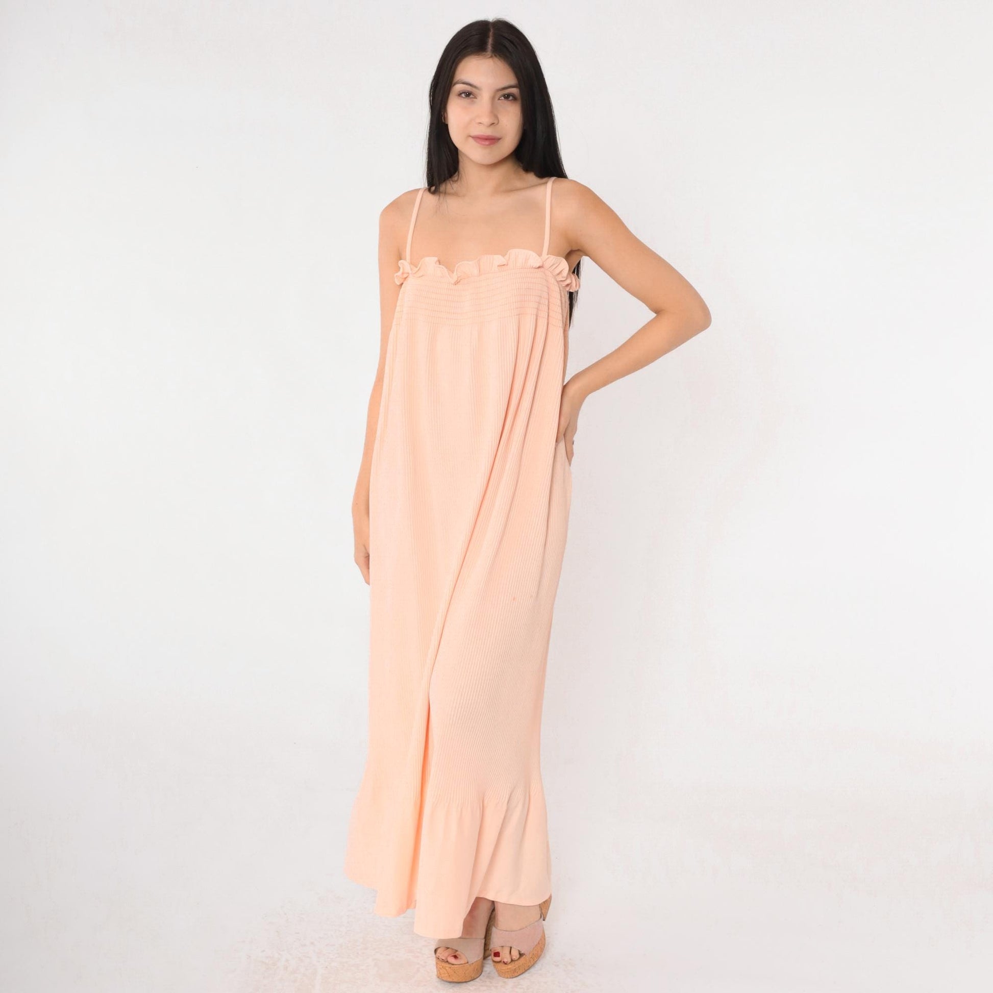 70s Peach Maxi Sundress Smocked Knife Pleated Spaghetti Strap Small Medium