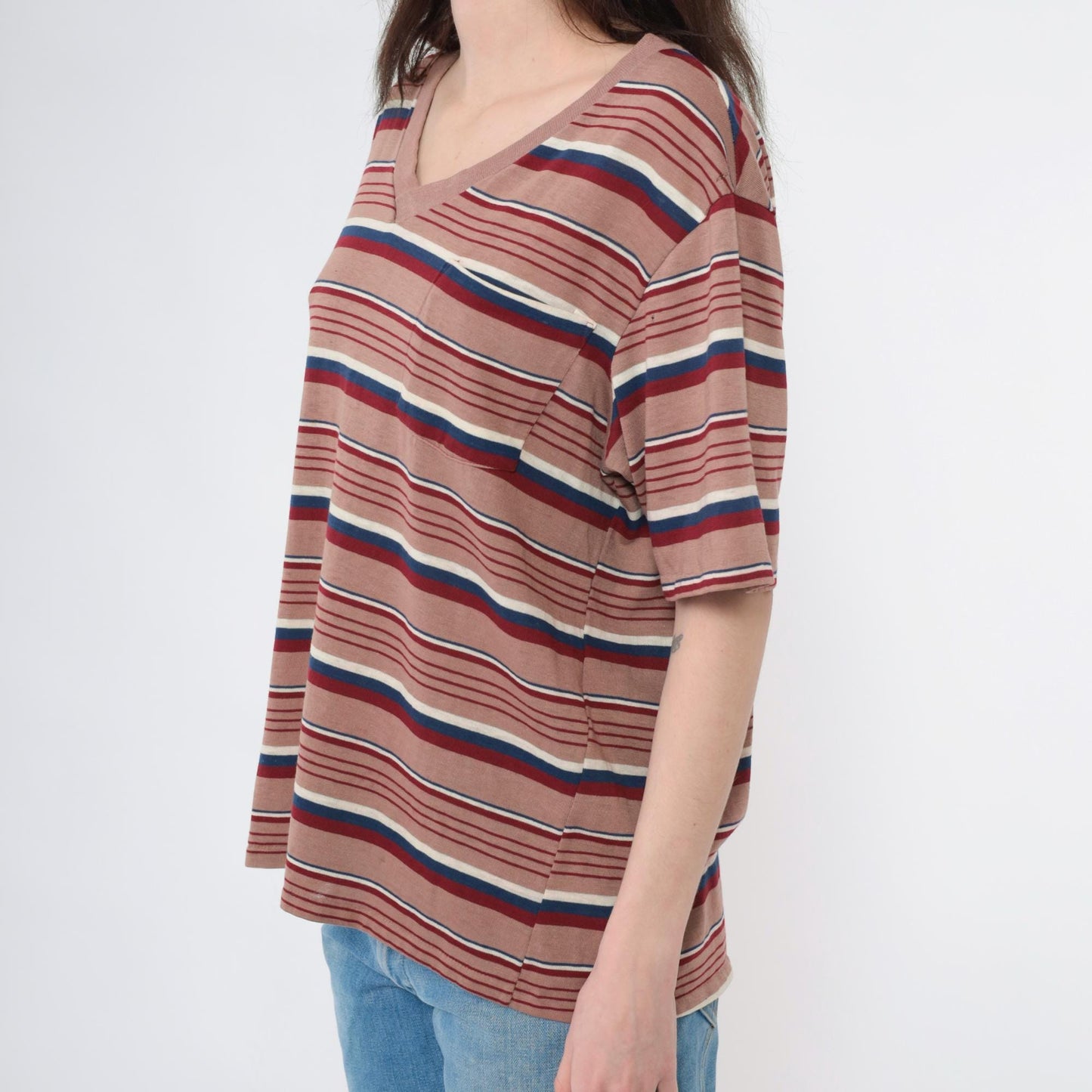 80s Striped V-Neck Tee Brown Red Navy Pocket T-Shirt Large L