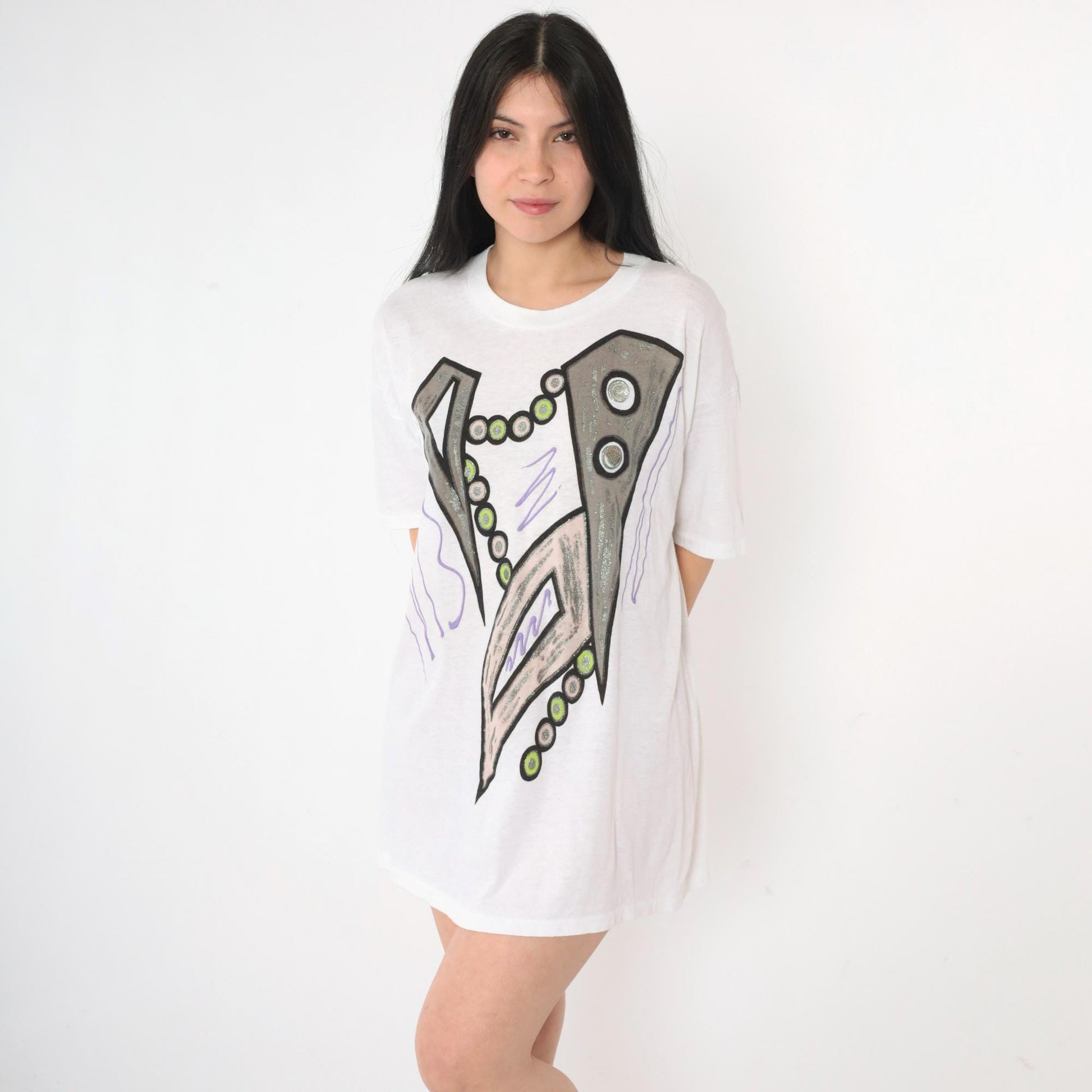 90s Abstract Geometric Glitter Paint T-Shirt White Single Stitch Large L