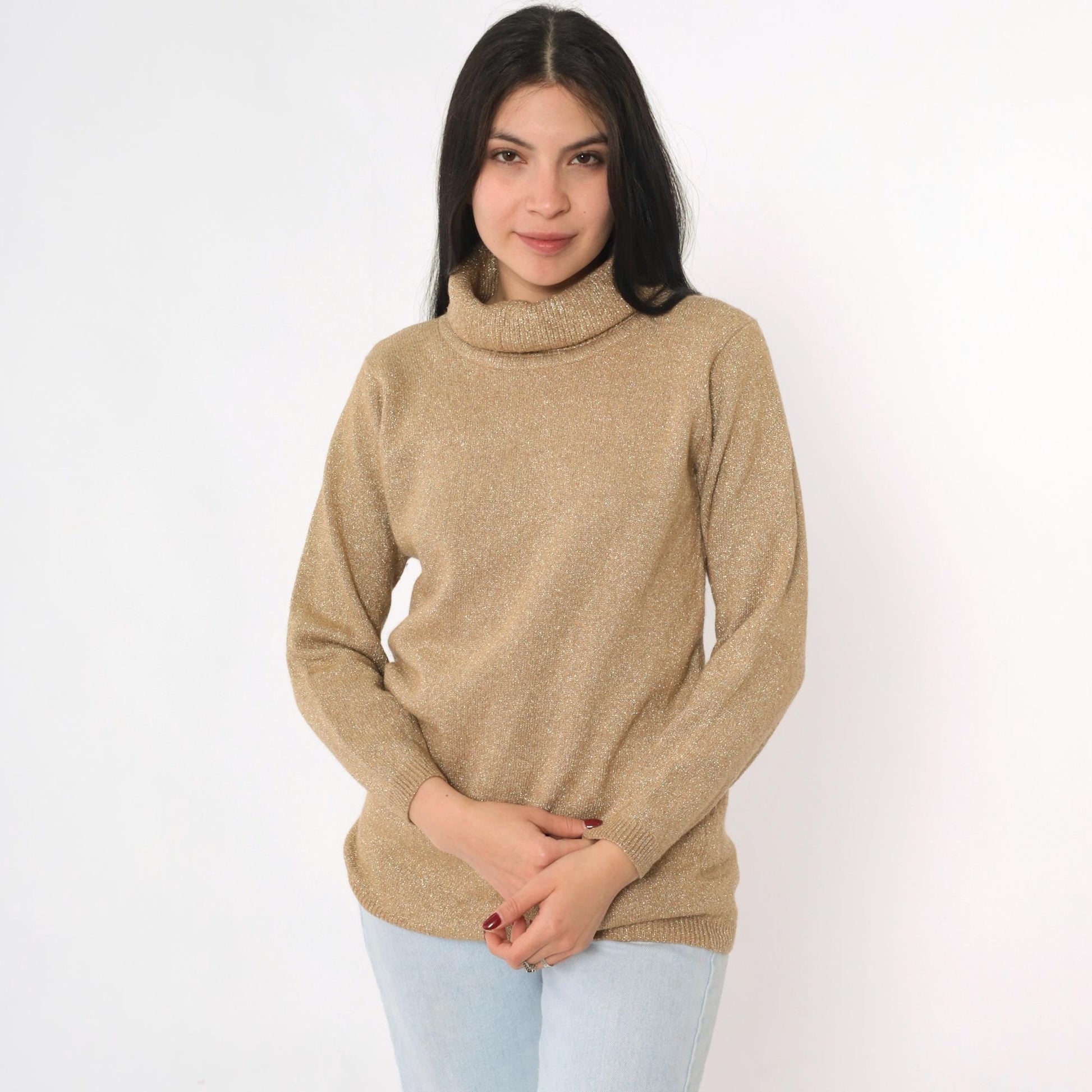 90s Jeanne Pierre Metallic Gold Turtleneck Sweater Small S