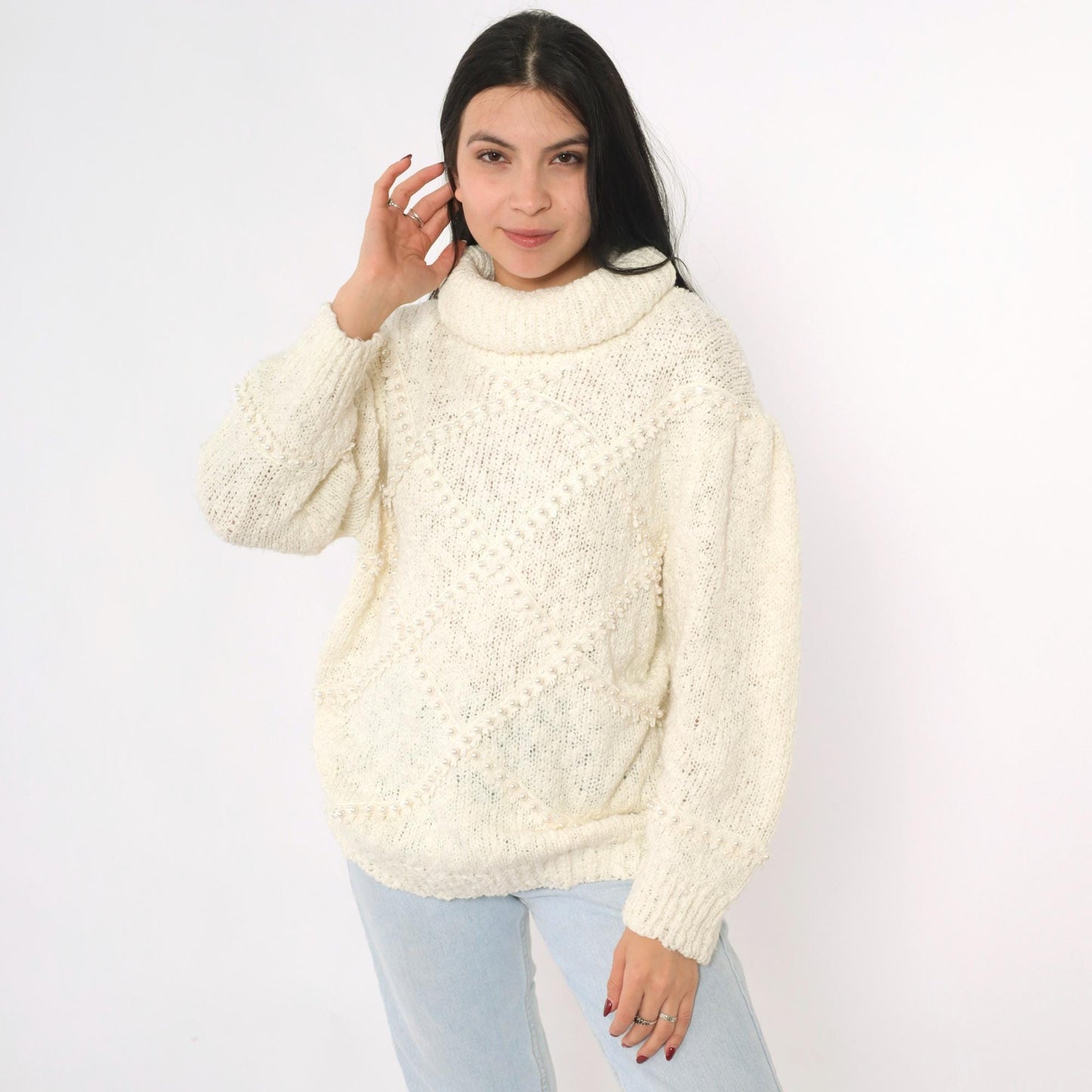 80s Bonnie and Bill Cream Pearl Beaded Turtleneck Sweater Medium