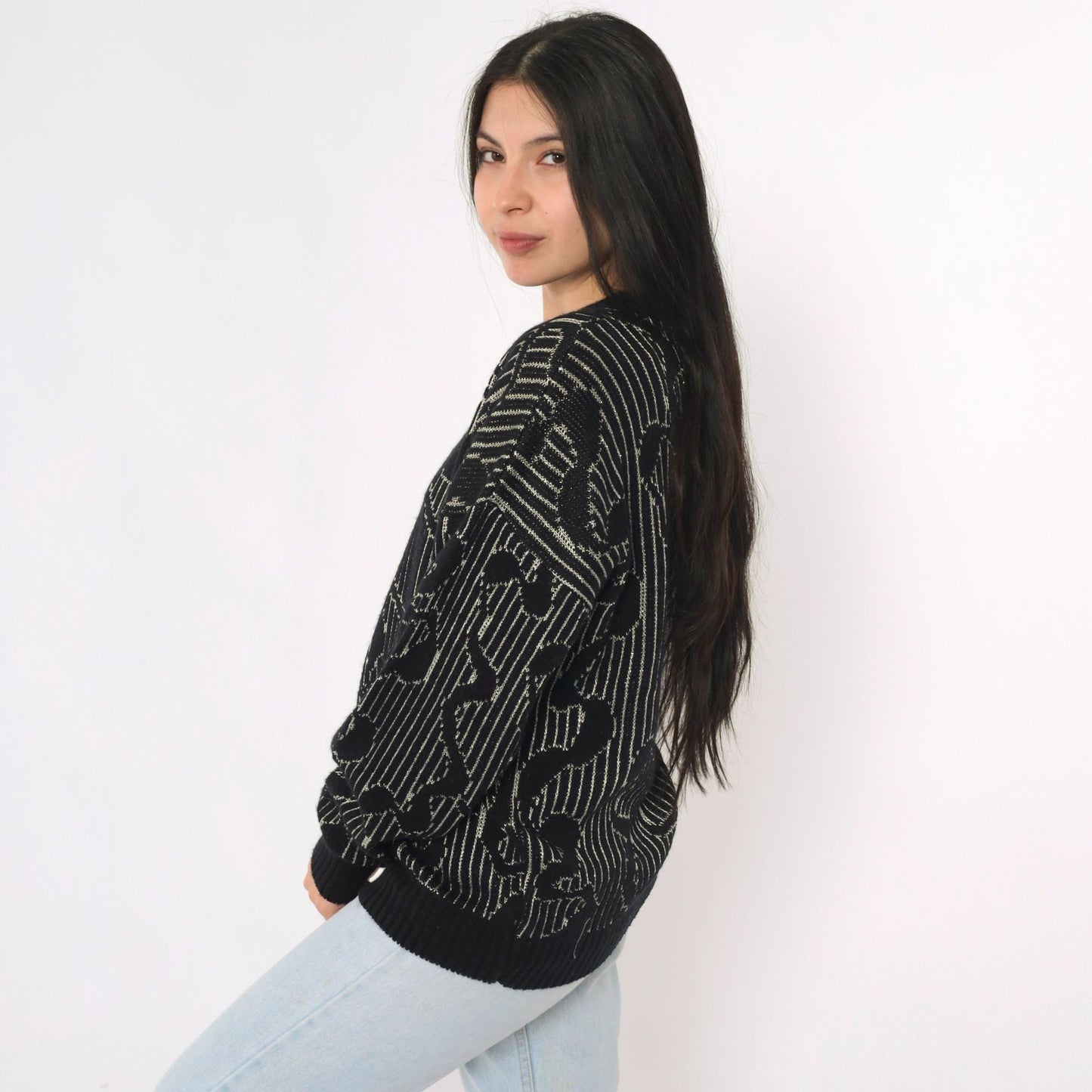 80s Black Metallic Striped Sweater Silver Abstract Knit Small Medium
