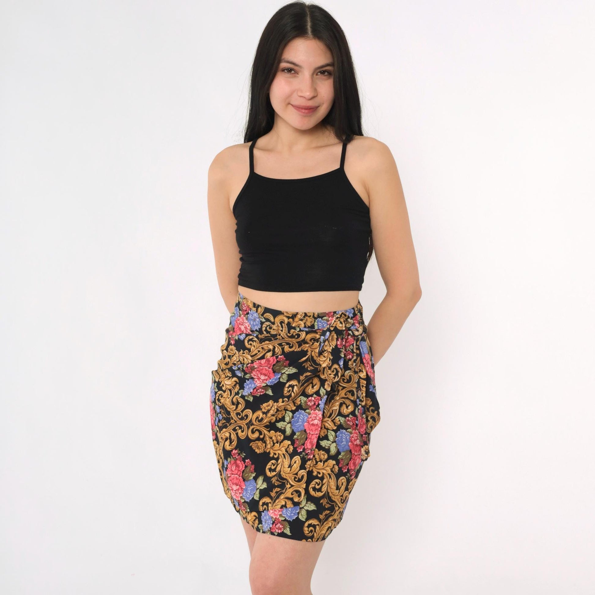 90s Baroque Floral Wrap Mini Skirt Black Gold Pink High Waisted XS