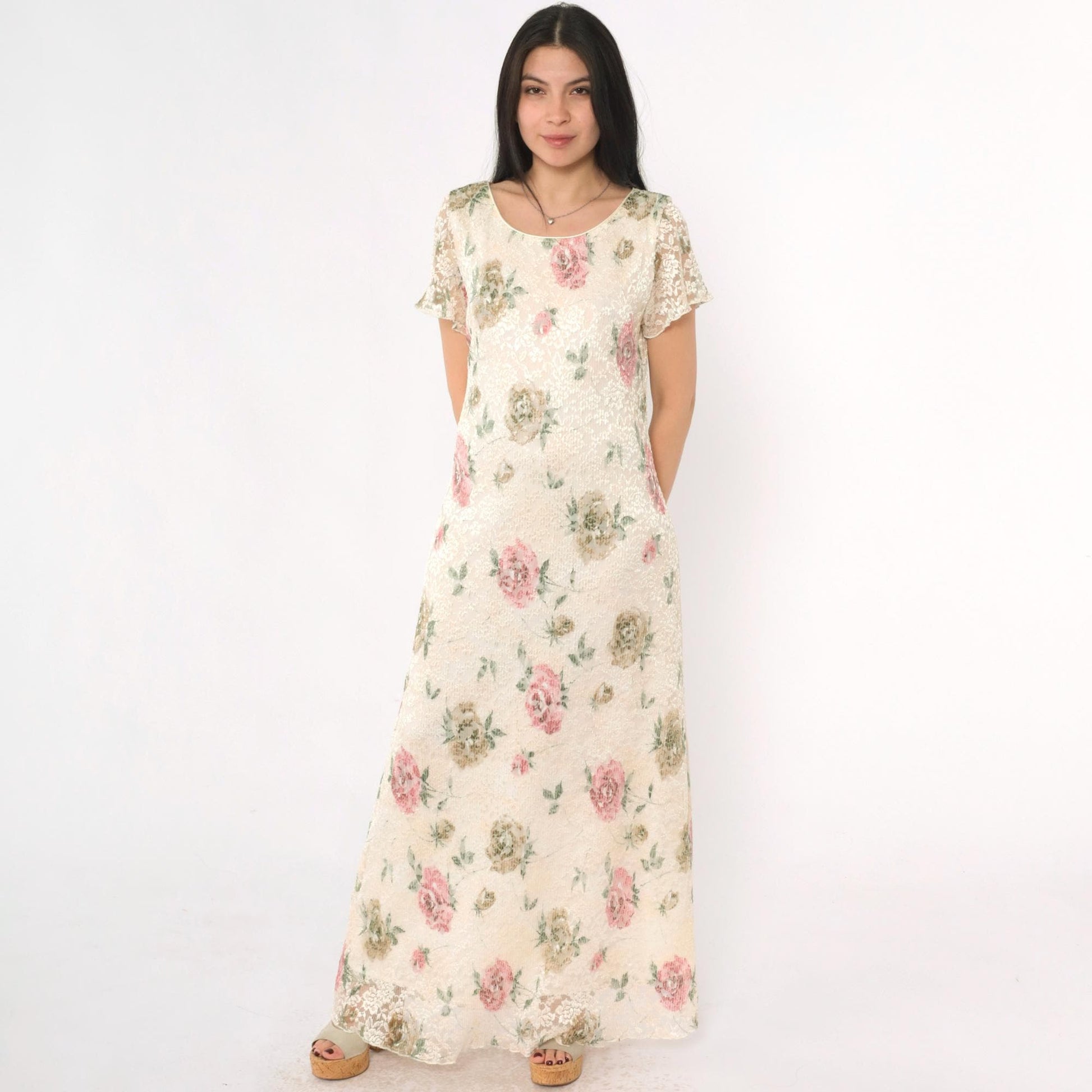 90s Ronni Nicole Cream Lace Maxi Dress Floral Print Short Sleeve Medium