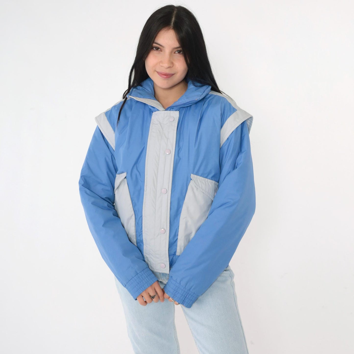 80s Prima Blue Grey Color Block Puffer Ski Jacket Zip Snap Medium M
