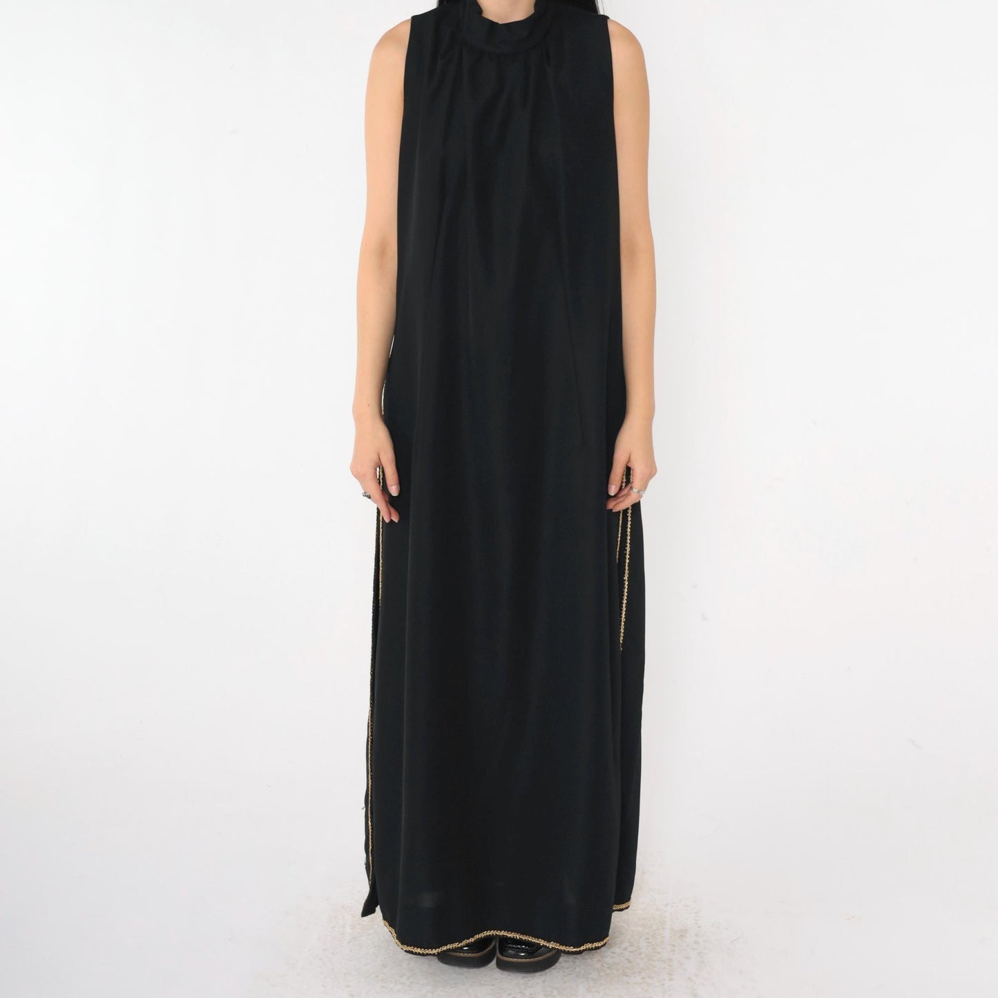 70s Black Evening Gown Gold Trim High Mock Neck Maxi Side Slits Large