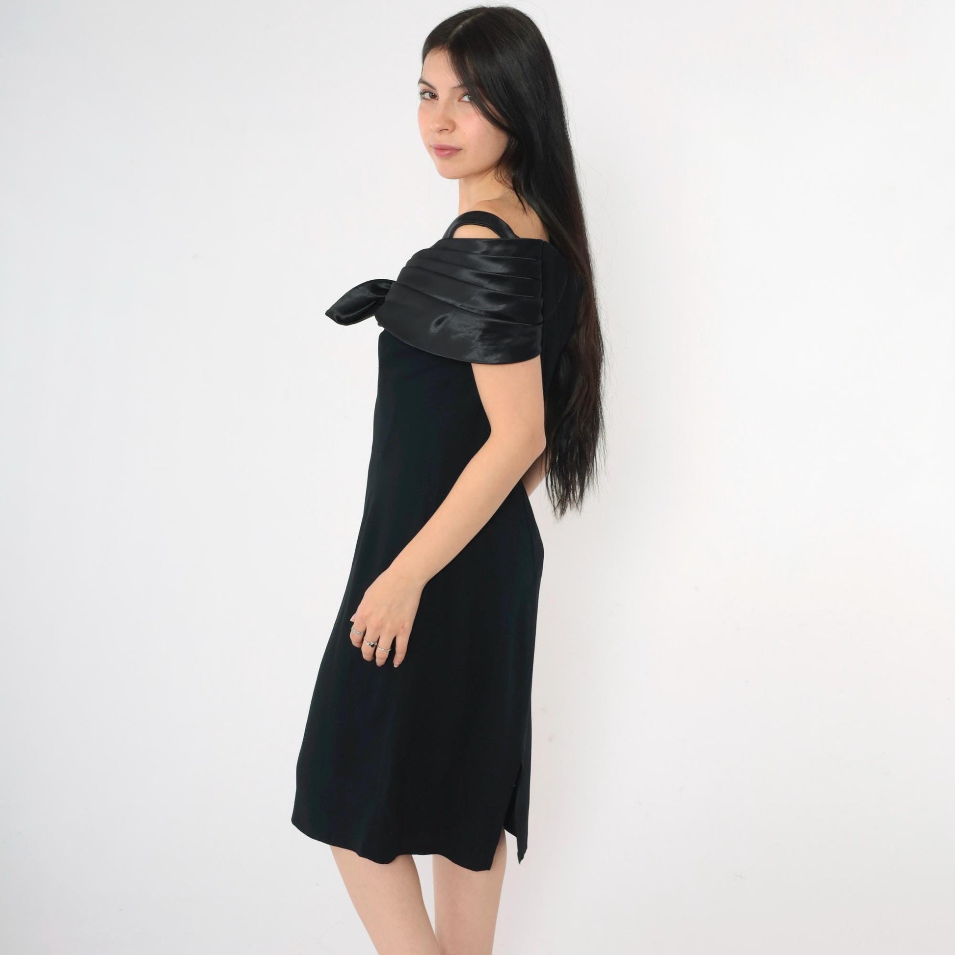 90s Black Off-Shoulder Bow Cocktail Dress Midi Sheath Medium 8