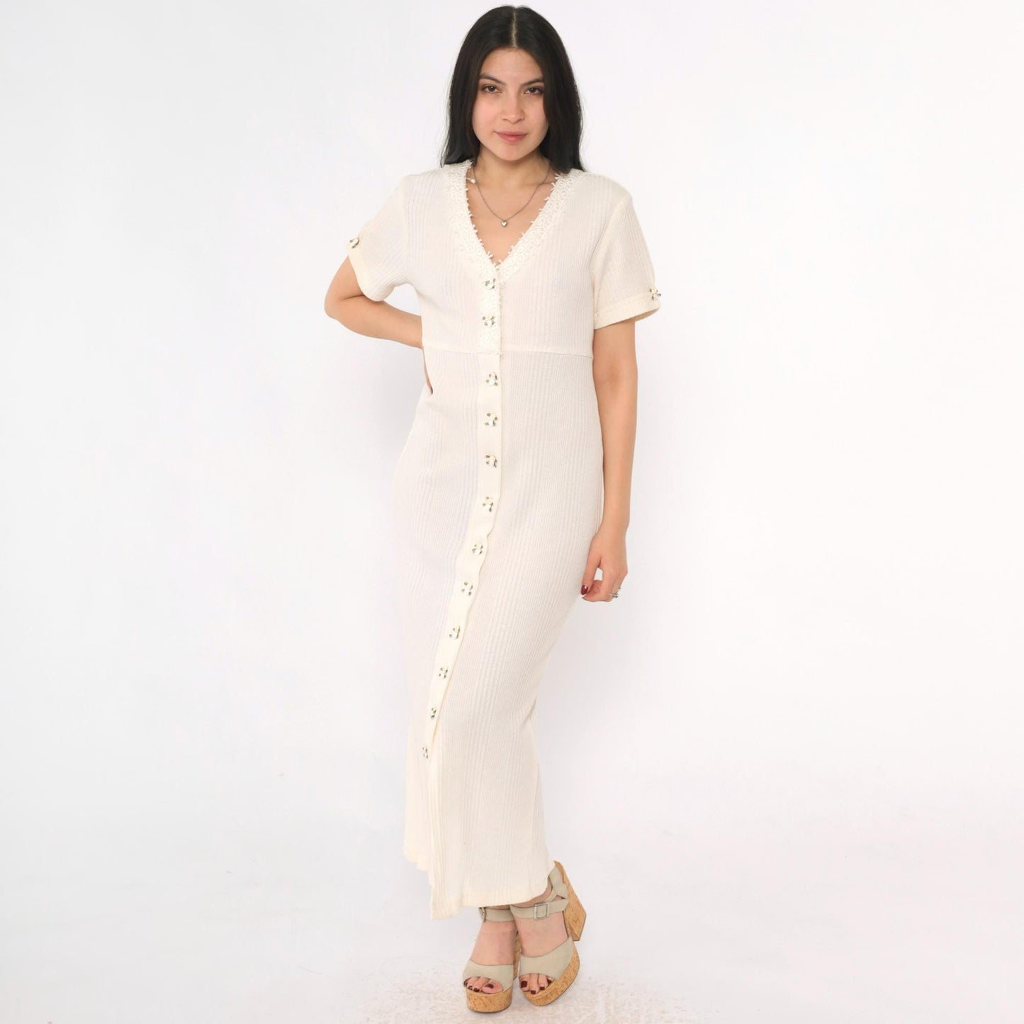 90s Ivory Ribbed Rosette Maxi Dress Button Front Lace Trim V-Neck Small S