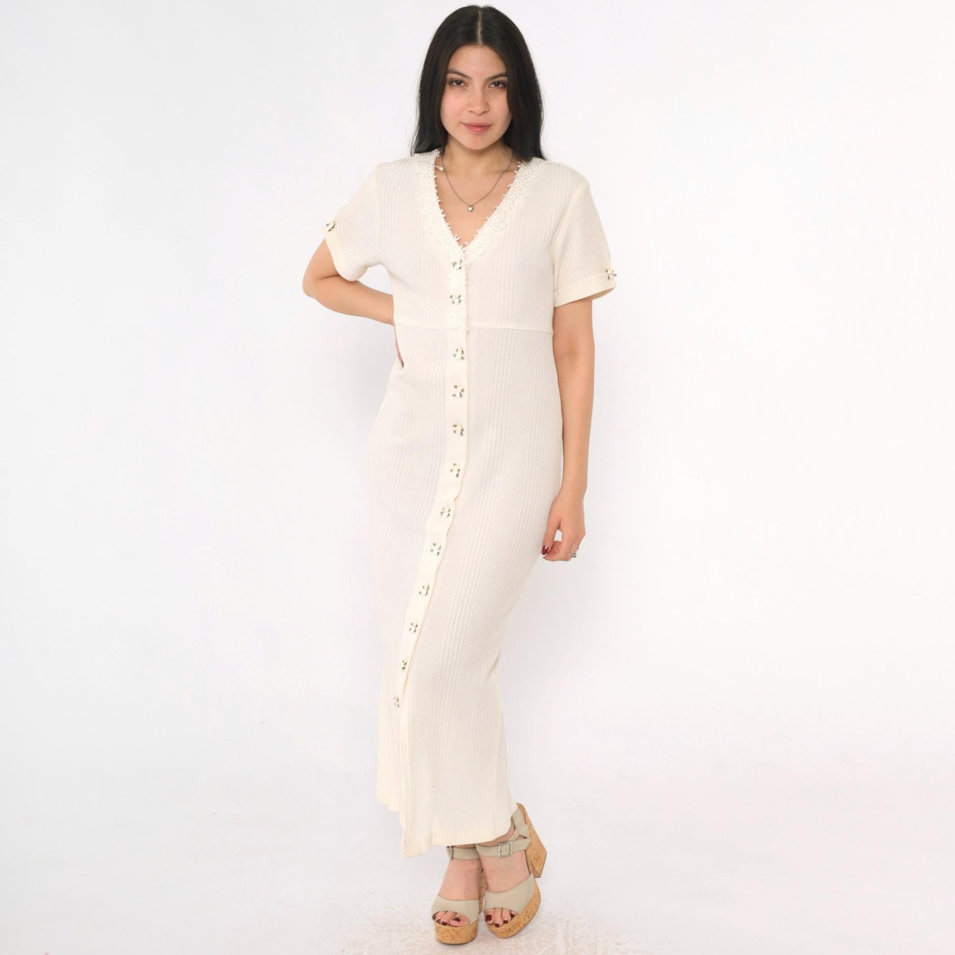 90s Ivory Ribbed Rosette Maxi Dress Button Front Lace Trim V-Neck Small S