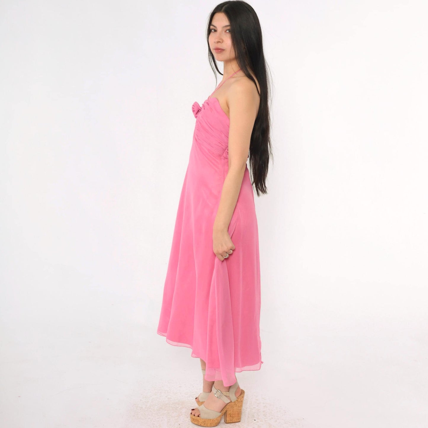 80s Pink Chiffon Midi Dress Strapless Boned Bodice Rosette Halter Medium 8