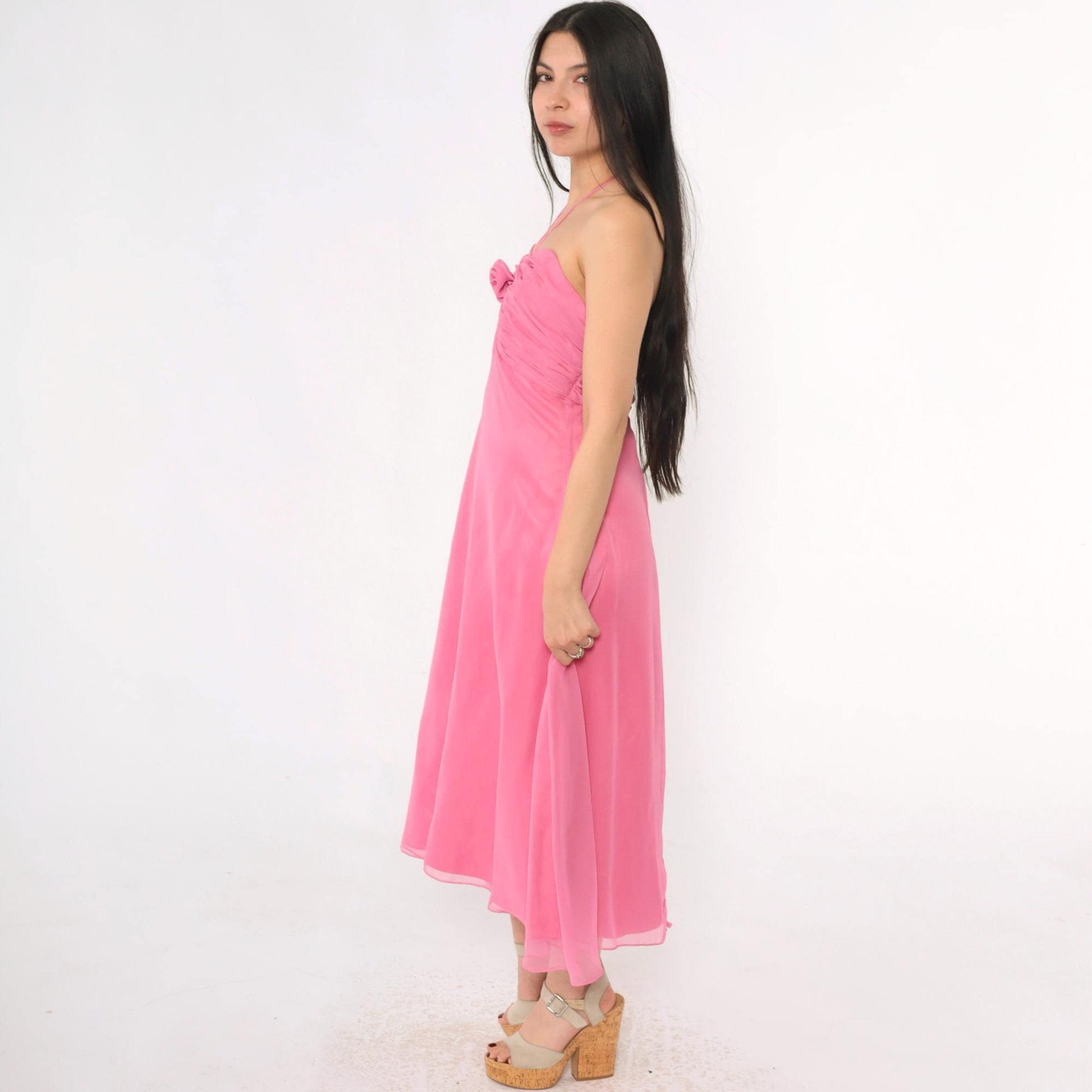 80s Pink Chiffon Midi Dress Strapless Boned Bodice Rosette Halter Medium 8