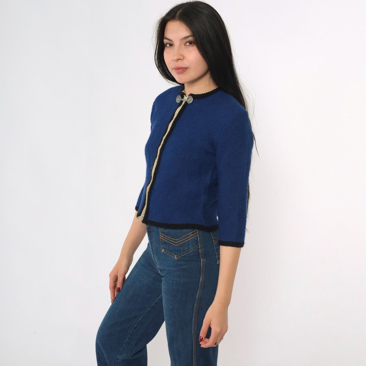 60s Blue Wool Cardigan Cropped Zip Coin Button 3/4 Sleeve Extra Small