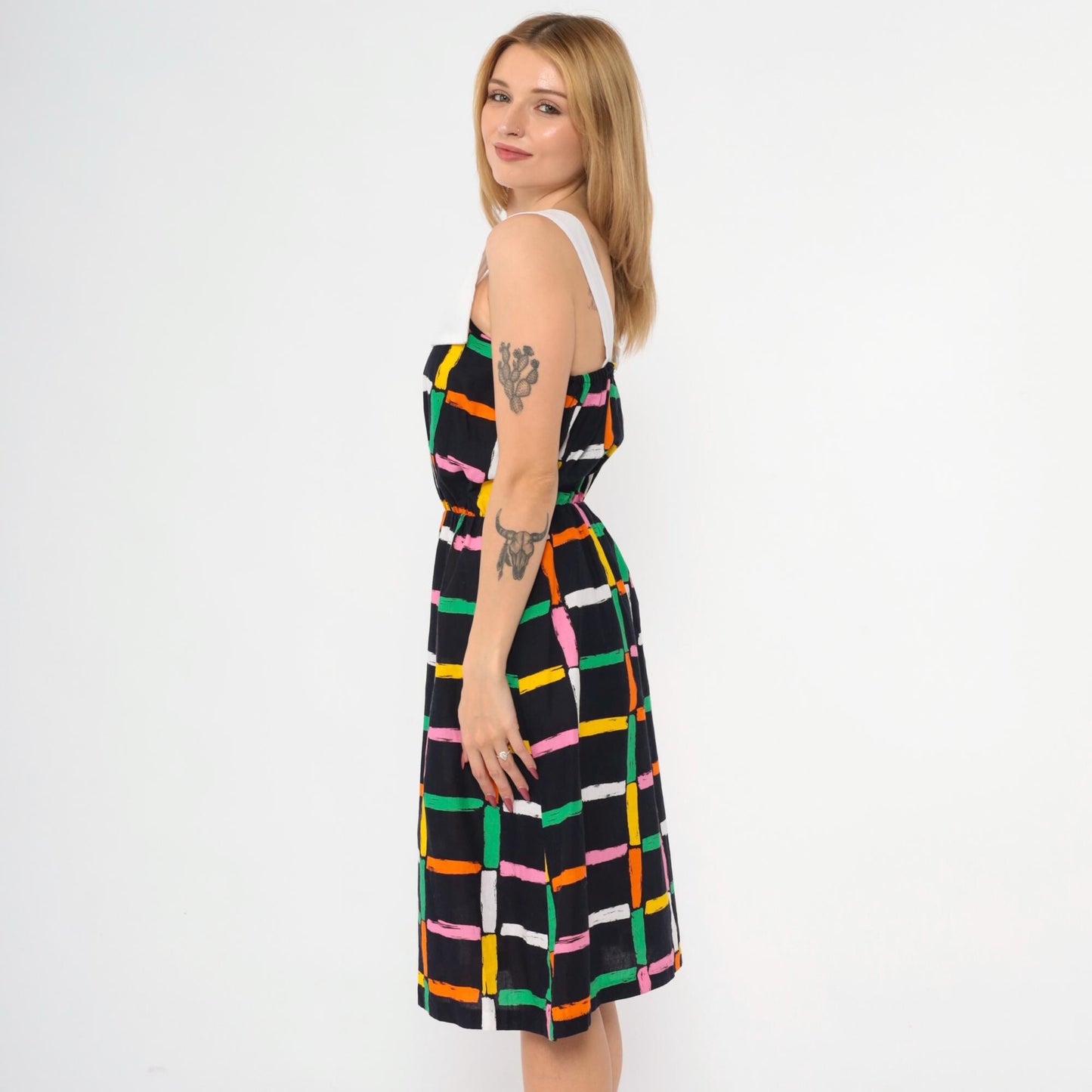 80s Black Checkered Midi Dress Sailor Collar High Waist Sleeveless Small
