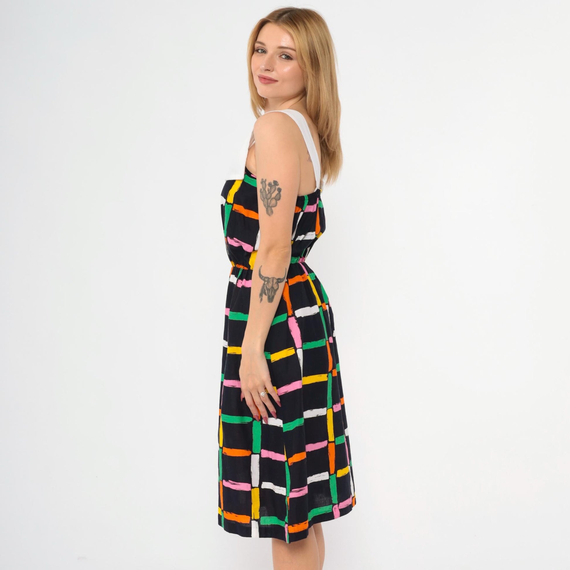 80s Black Checkered Midi Dress Sailor Collar High Waist Sleeveless Small
