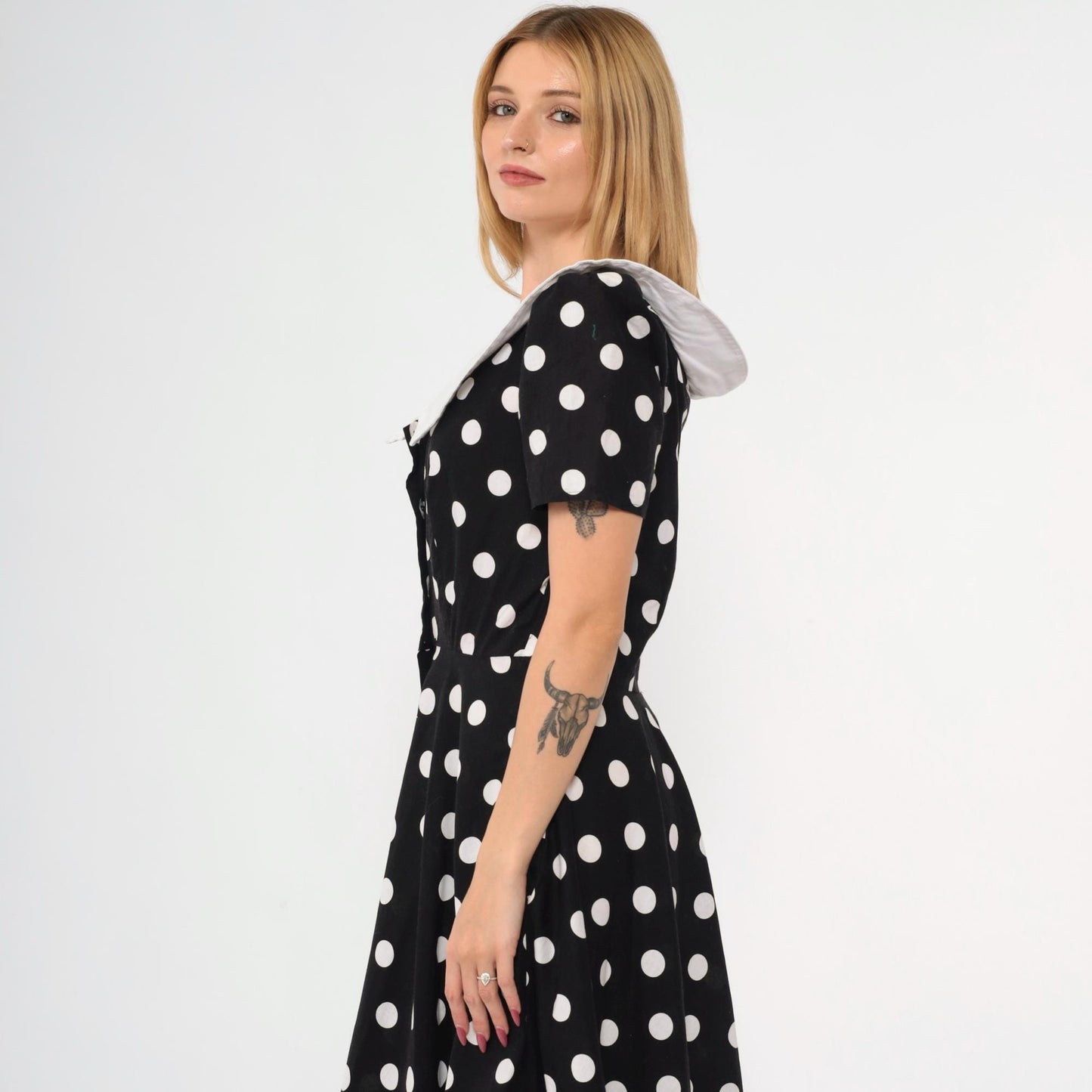 80s Black White Polka Dot Midi Shirtdress High Waist Button Up Cotton Medium