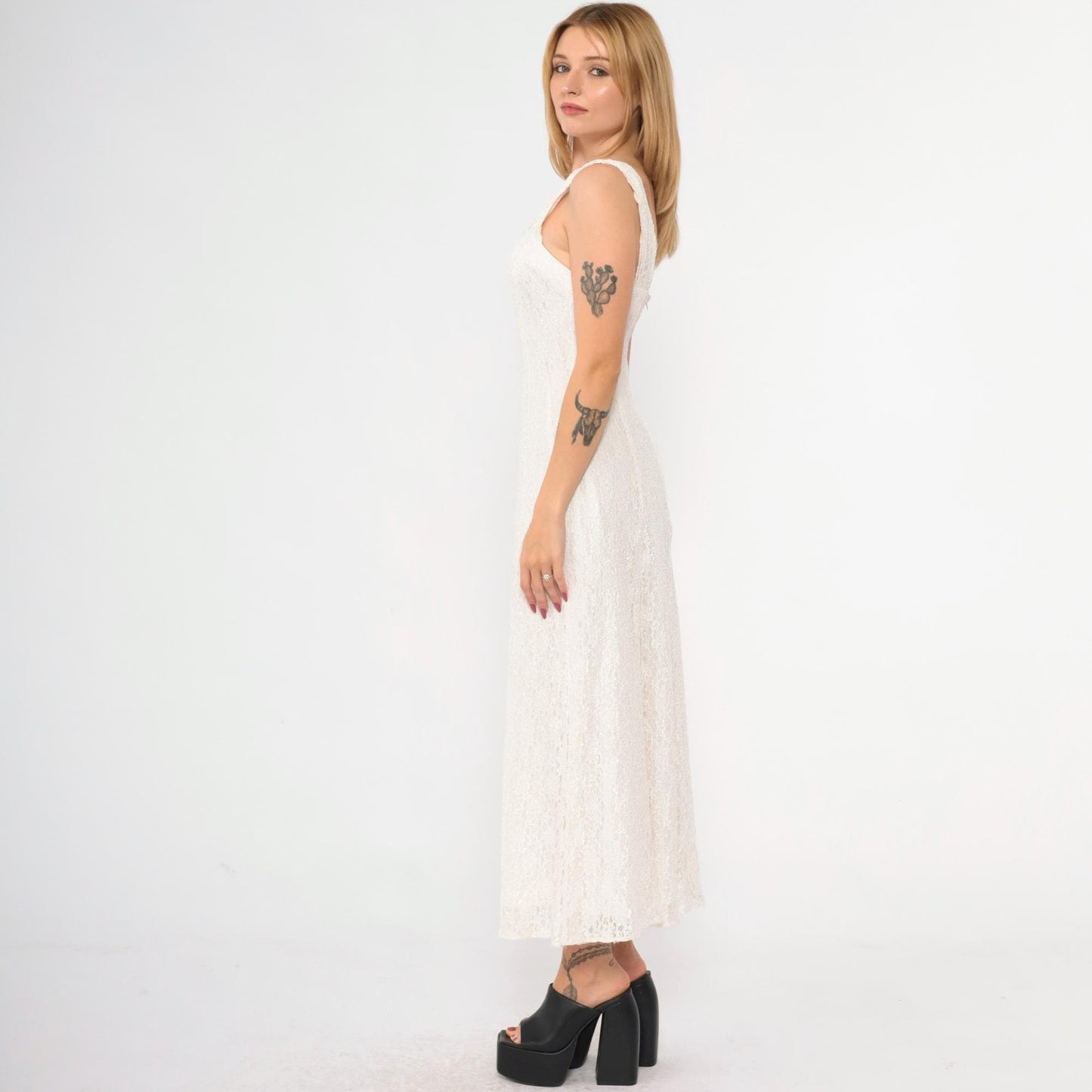 90s White Lace Maxi Dress Sweetheart Neckline Ankle Length Small