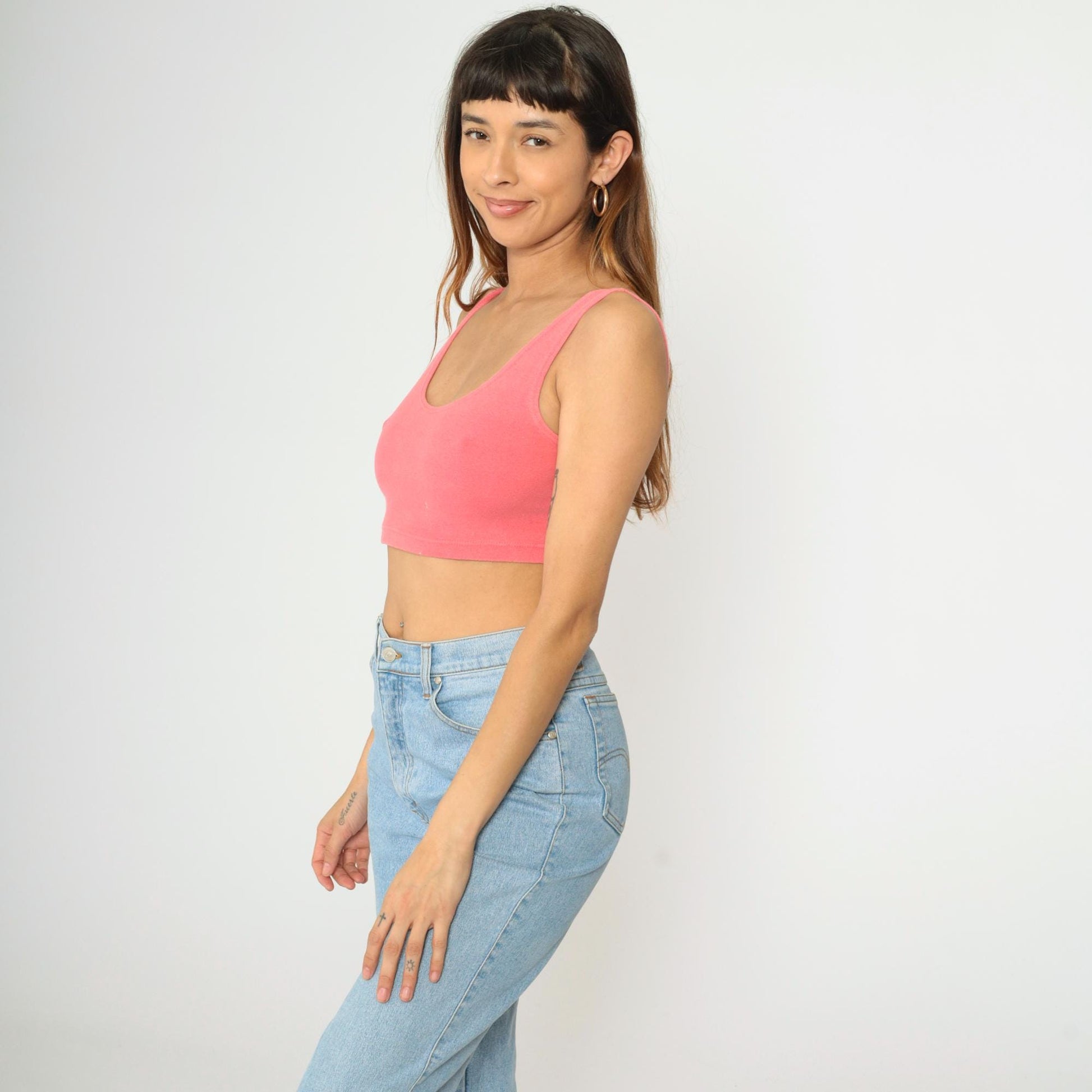 80s Express Pink Crop Tank Top Scoop Neck Bodycon Small
