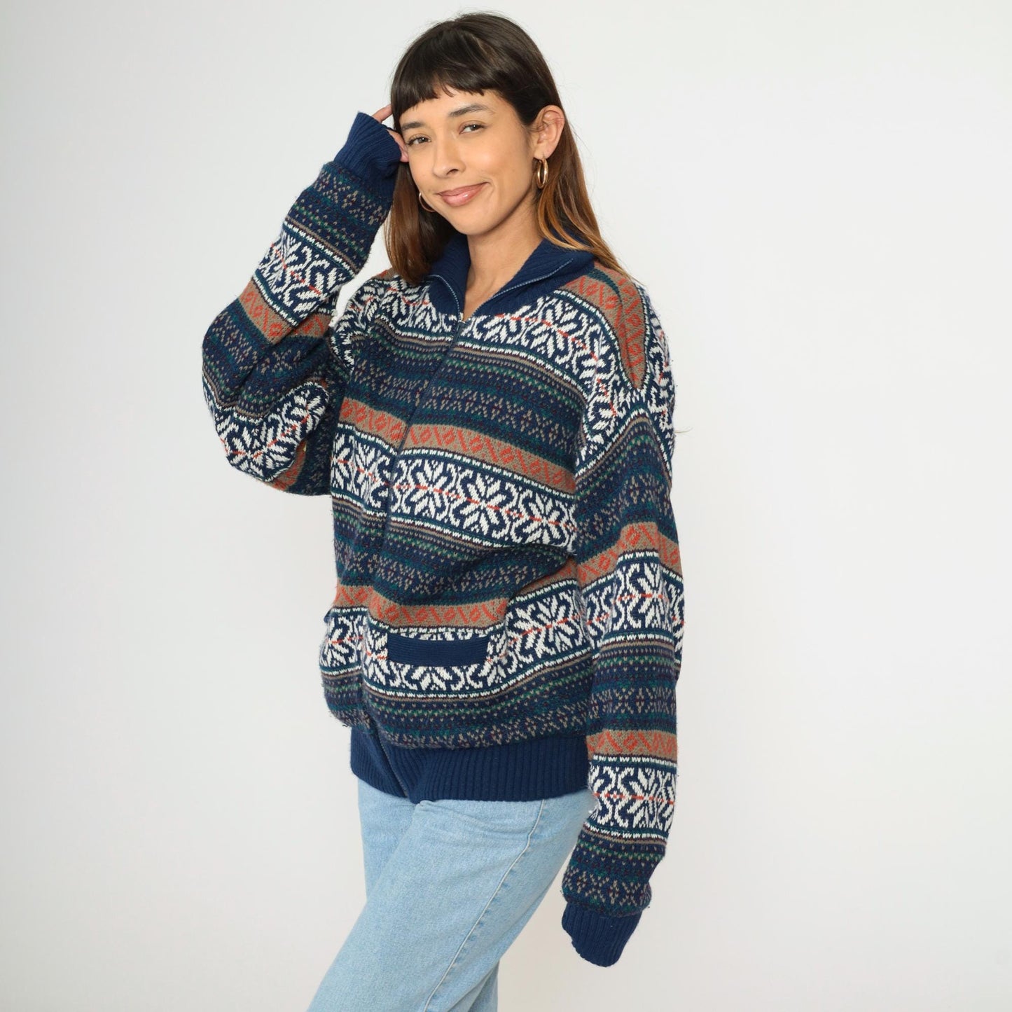 00s Fair Isle Cardigan Navy Blue Zip-Up Knit Sweater Large L