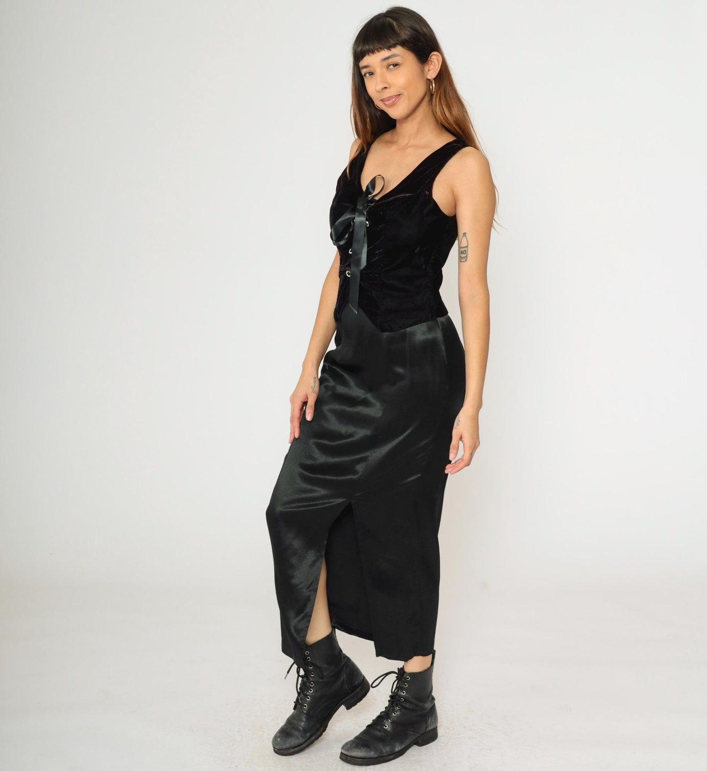 90s Black Satin Maxi Dress Velvet Lace-Up Bodice Sleeveless Medium